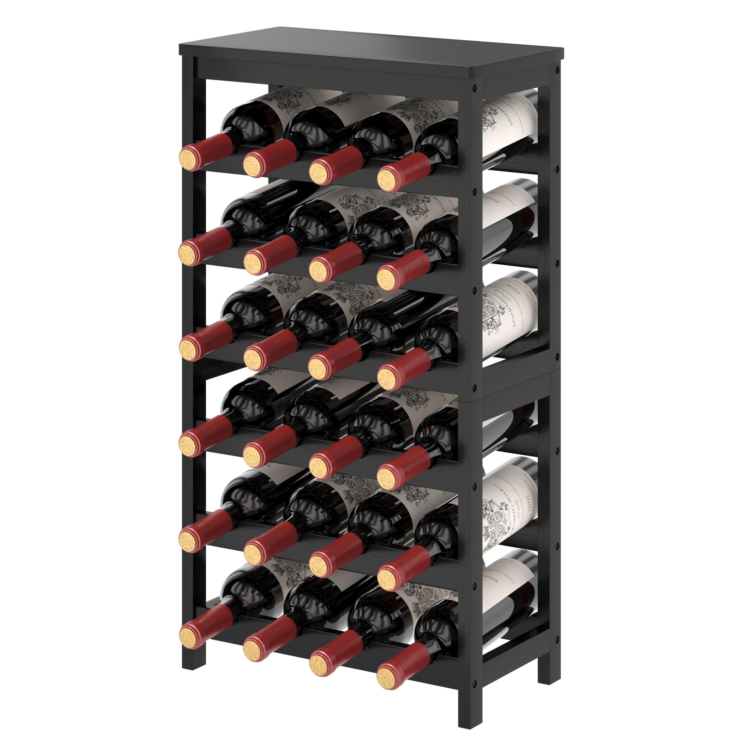 MOGELAFOO 6 Tier Bamboo Wine Rack Freestanding Floor, 24 Bottles Wine Storage Shelves with Black Table Top, Stackable Wine Display Rack for Kitchen, Bar, Dining Room, DWR624HB