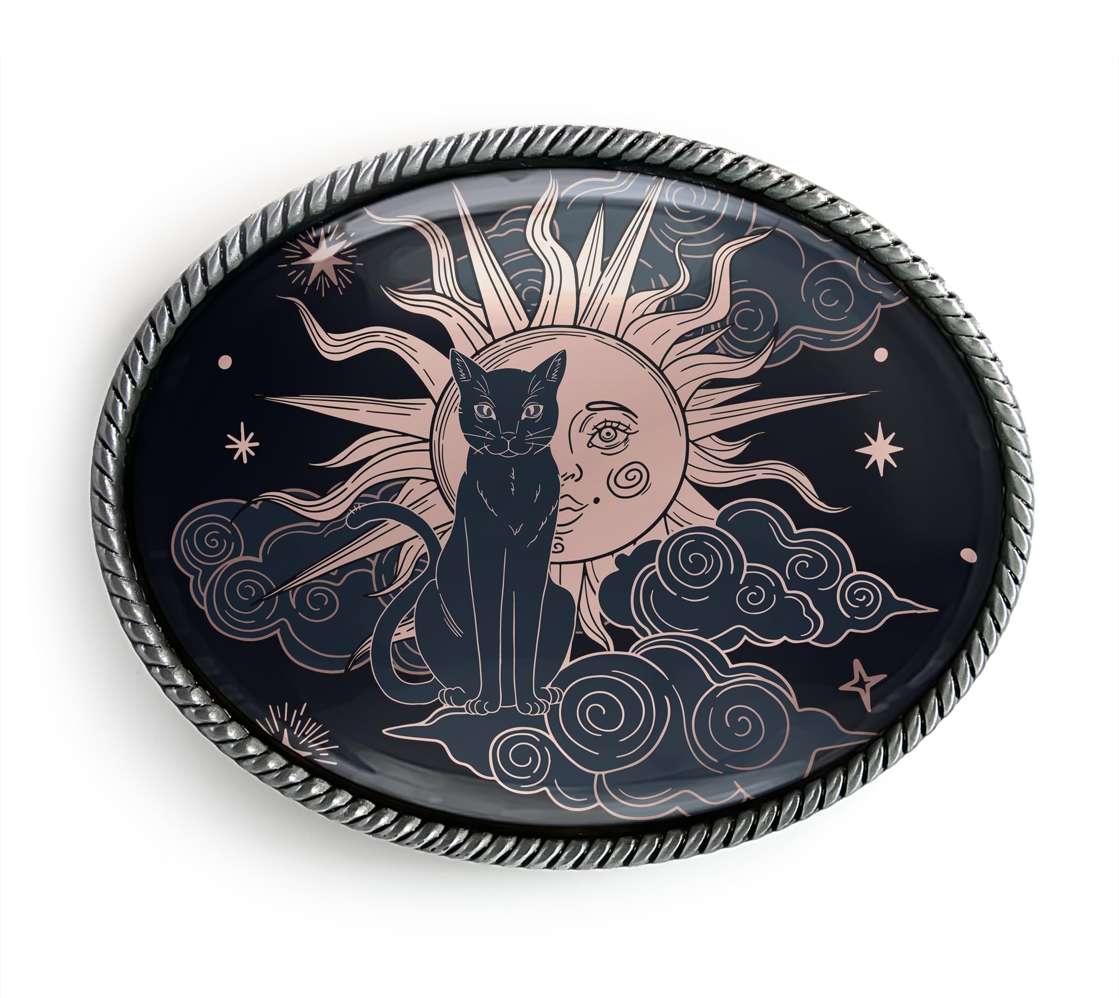 Mystic Cat Belt Buckle - Dark Celestial Sun Art Handmade Artisan Buckle (Antique Silver)