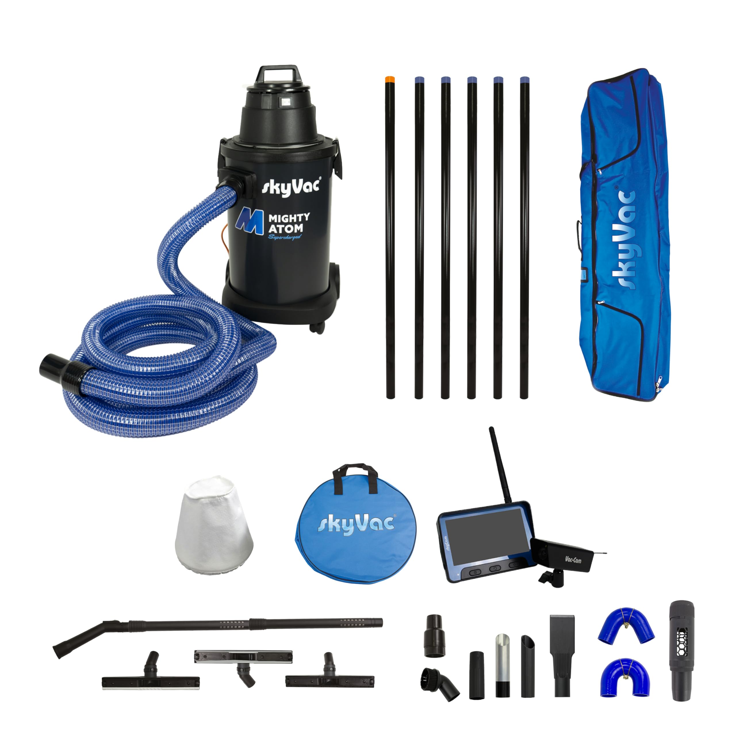 SkyVac Mighty Atom Gutter Cleaning Machine with 6 Push Fit Poles (9m Reach) and a Real Time Inspection Camera
