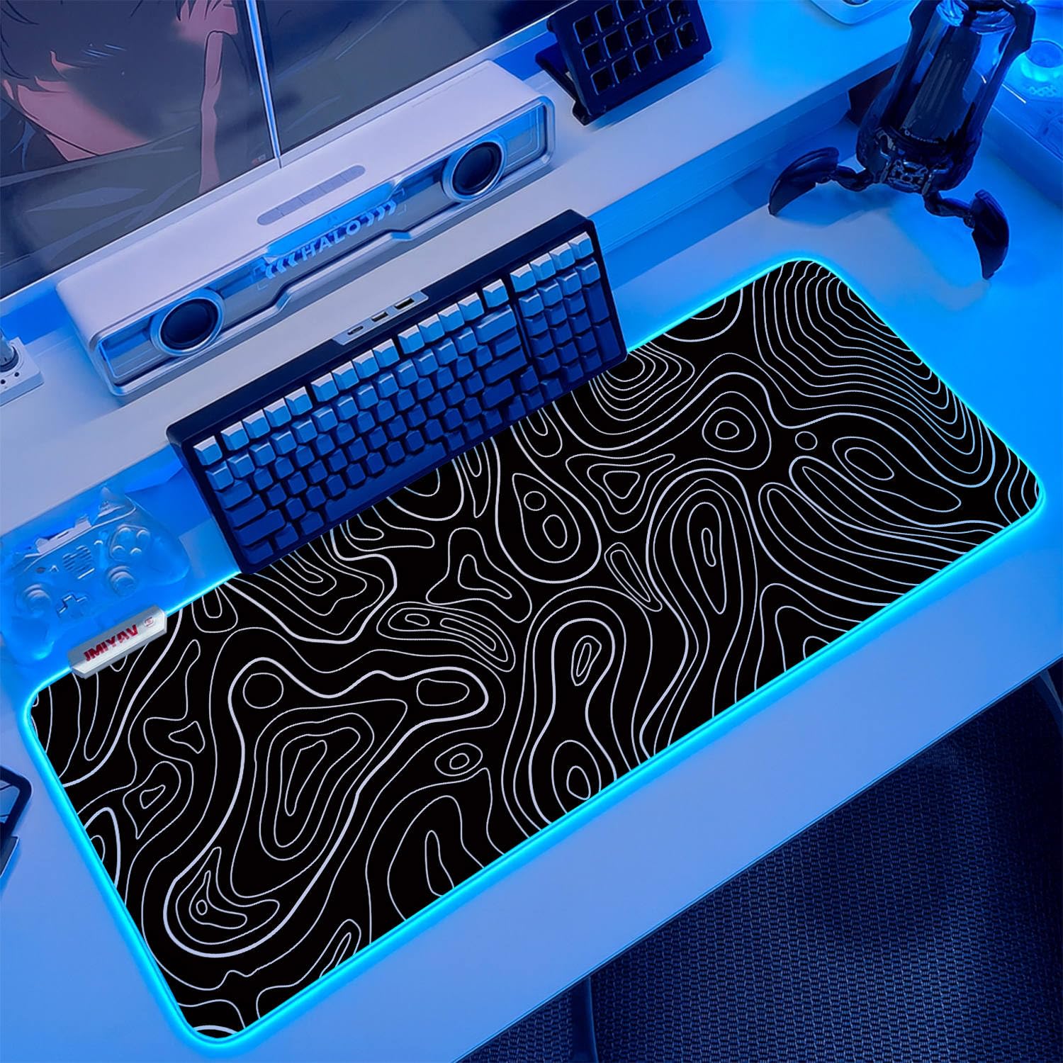 JMIYAV Gaming Mouse Pad RGB Mousepad Non-Slip Rubber Base Extra Large Cool XL XXL Computer Desk Pad Gaming Accessories Setup LED Light Up Big Mouse Pad for Gamer Black Topographic (31.5x12In)