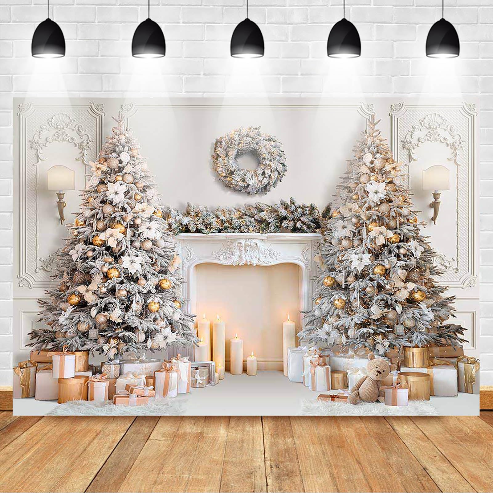 Avezano Sfondo natalizio con caminetto bianco invernale con albero di Natale, decorazioni per feste di famiglia e accessori per cabina fotografica (3 x 2,1 m)