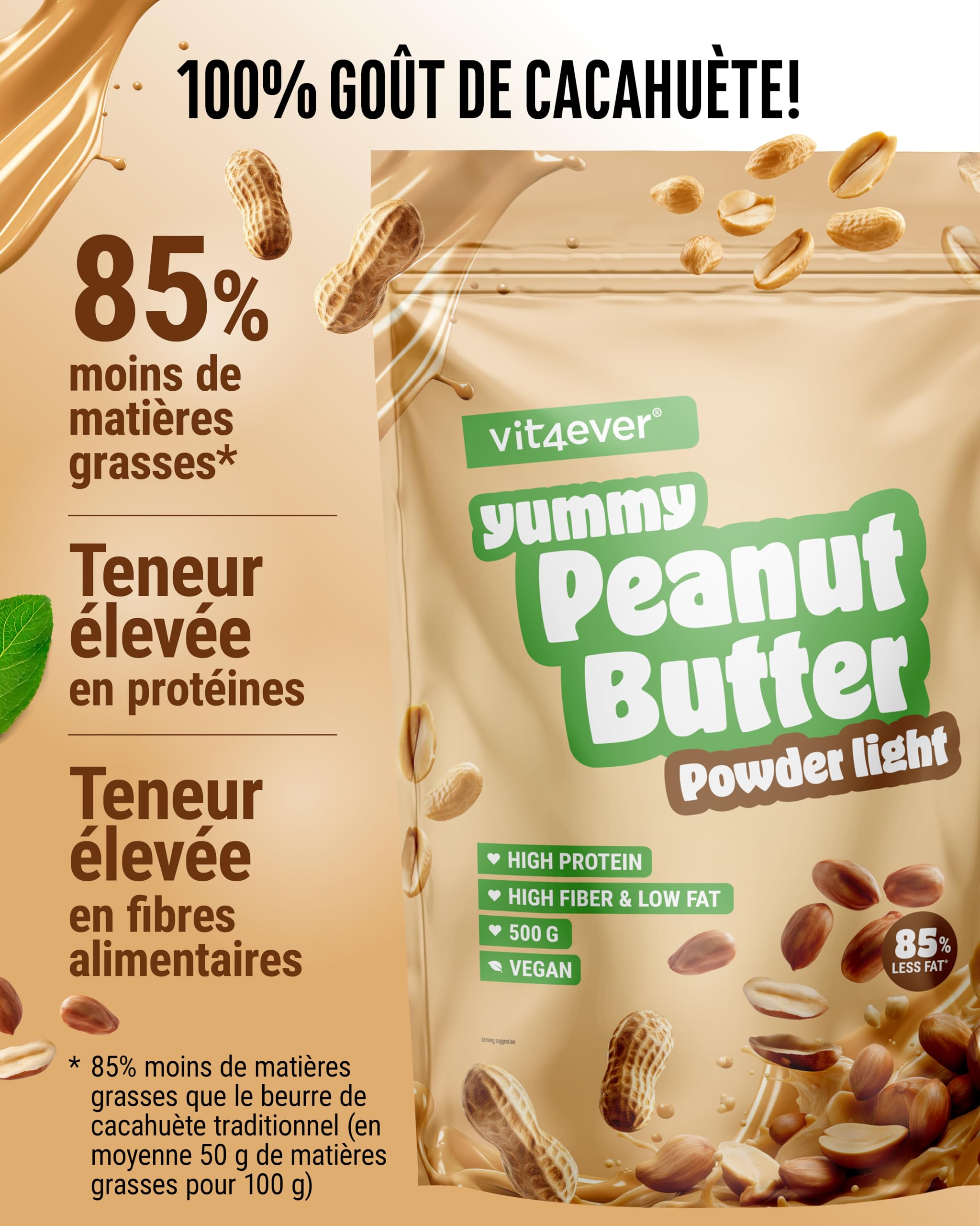 Beurre de cacahuètes light en poudre 500g - Powdered Peanut Butter 85% moins gras, sans sucre - Crème de beurre de cacahuètes au goût délicieux - Vit4ever