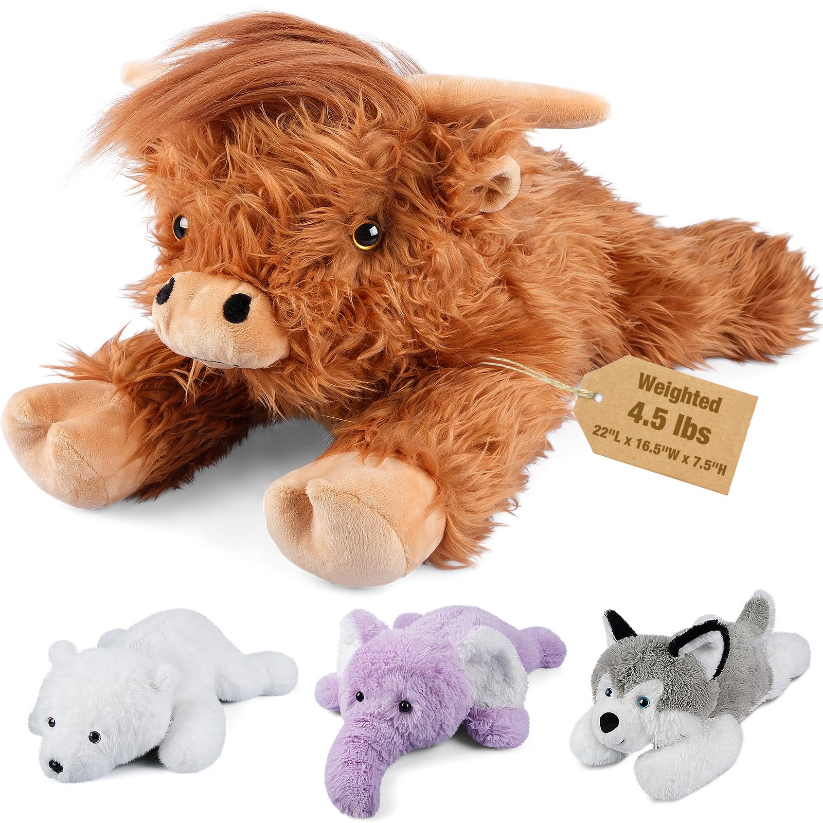 Bobbie & Laxi 22" & 4.5 lbs Highland Cow Weighted Stuffed Animal for Anxiety Cuddly & Soft Kids' Plush Toy Pillows for Companion Large Plushies with Removable Ceramsite Bag