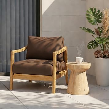 Christopher Knight Home Seward Acacia Wood Lounge Chair Outdoor with Removable Cushion, Solid Wood Patio Accent Chair with Rope Backrest, Patio Outdoor Armchair, Teak+Bown