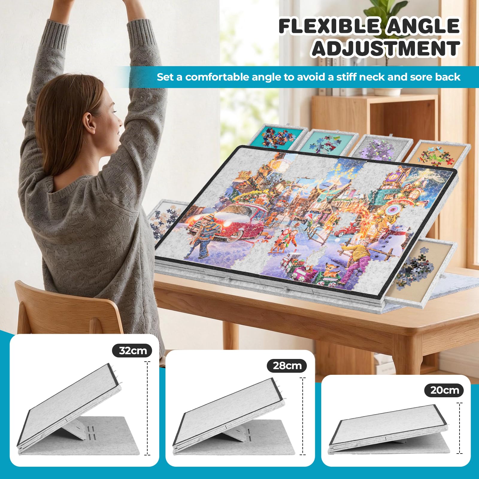 Tablero inclinable para Rompecabezas de 1000 Piezas con Soporte y Cubierta 2 en 1, Mesa de Fieltro Ultraligera y portátil con 8 cajones y 3 ángulos Ajustables