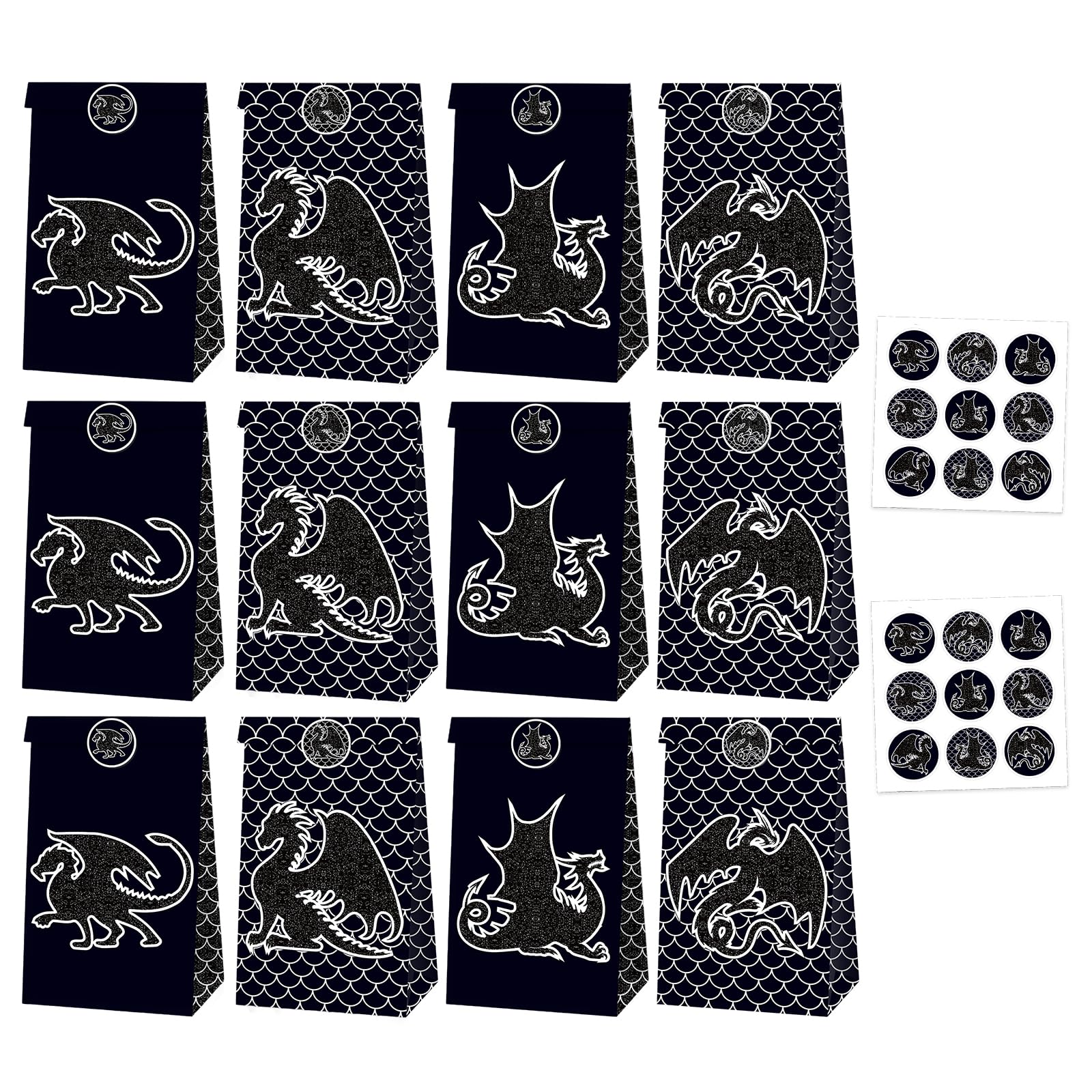 12 PCS Dragon Party Bags, Black Paper Party Gift Bags with Stickers, Kraft Paper Gift Bags, Paper Bag for Birthday Party Favors, Baby Shower, Celebrations, Events, Dragon Gifts
