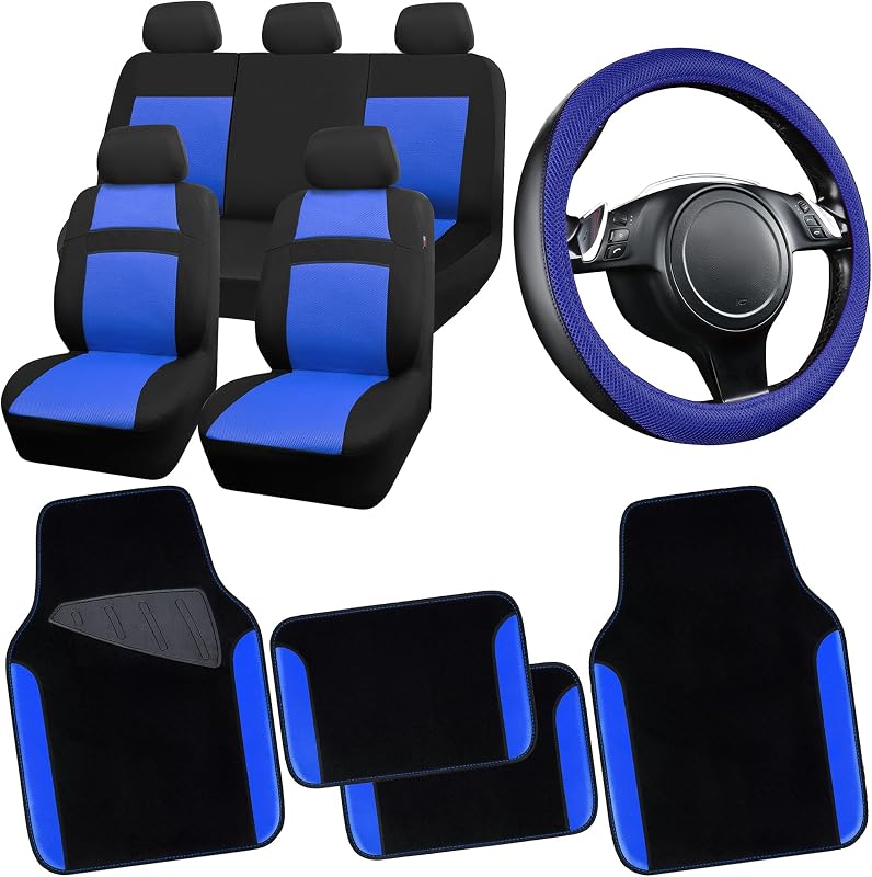 Kit de Capas para Bancos, Tapetes Automotivos e Capa para Volante CAR PASS em Couro Sintético Preto e Azul