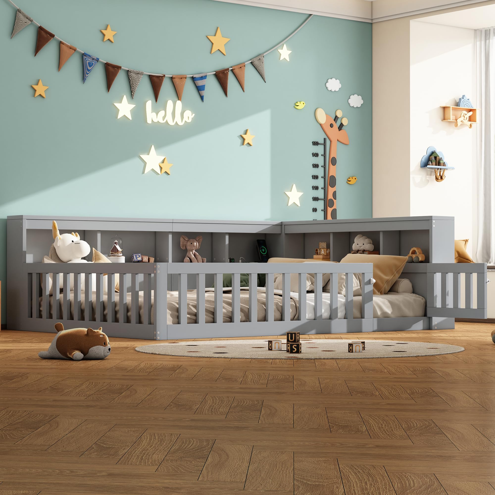 LAKFEW Bodenbett 140x200 cm Kinderbett mit Rausfallschutz und USB-Anschluss, Bett mit Stauraum Staufach, Jugendbett Holzbett mit Lattenrost, Kinderzimmer Möbel, Ohne Matratze, Grau