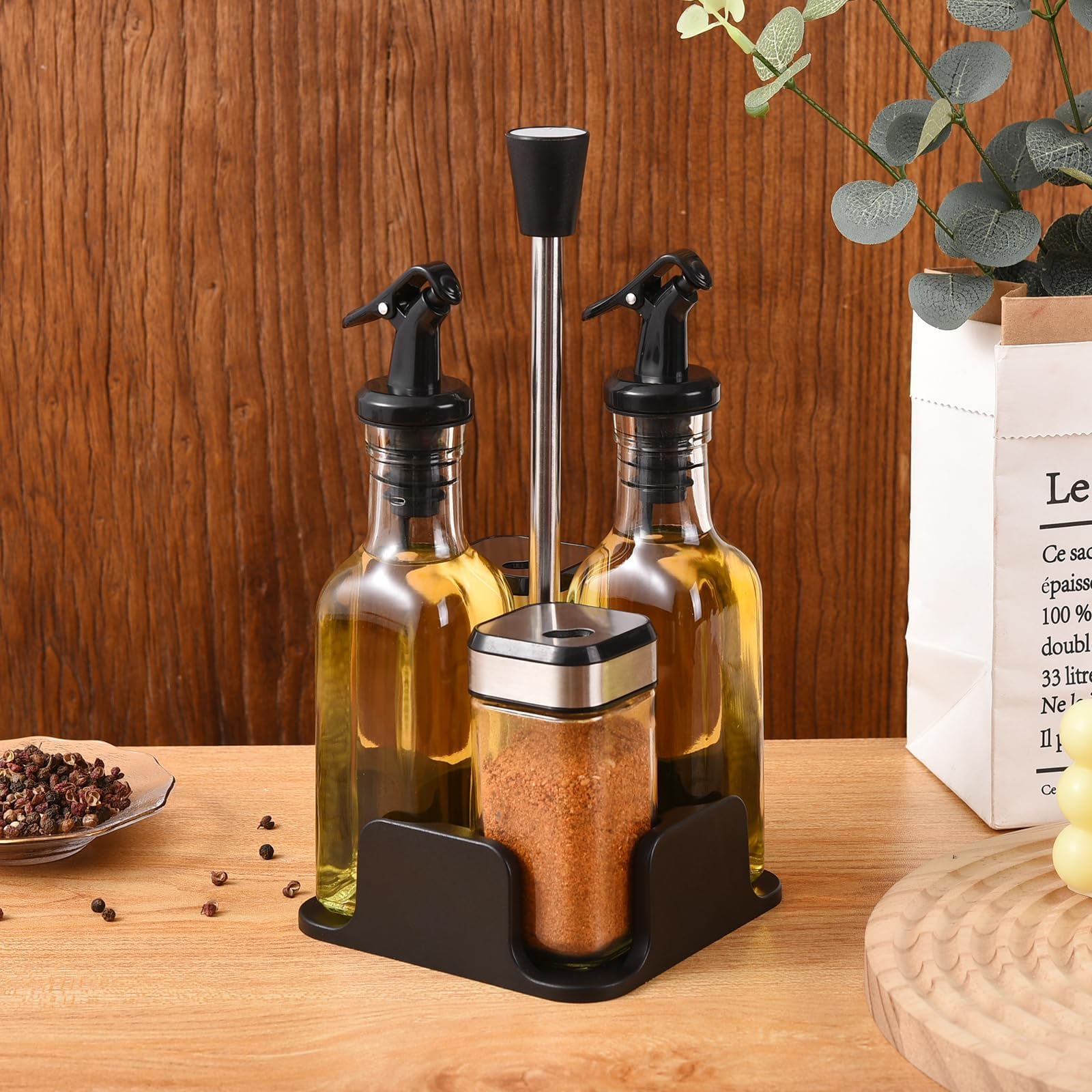 Set di barattoli per spezie girevoli, 2 barattoli per spezie da 120 ml, rettangolari, 1 portaspezie, 2 bottiglie per olio di aceto, spezie per spezie, sale