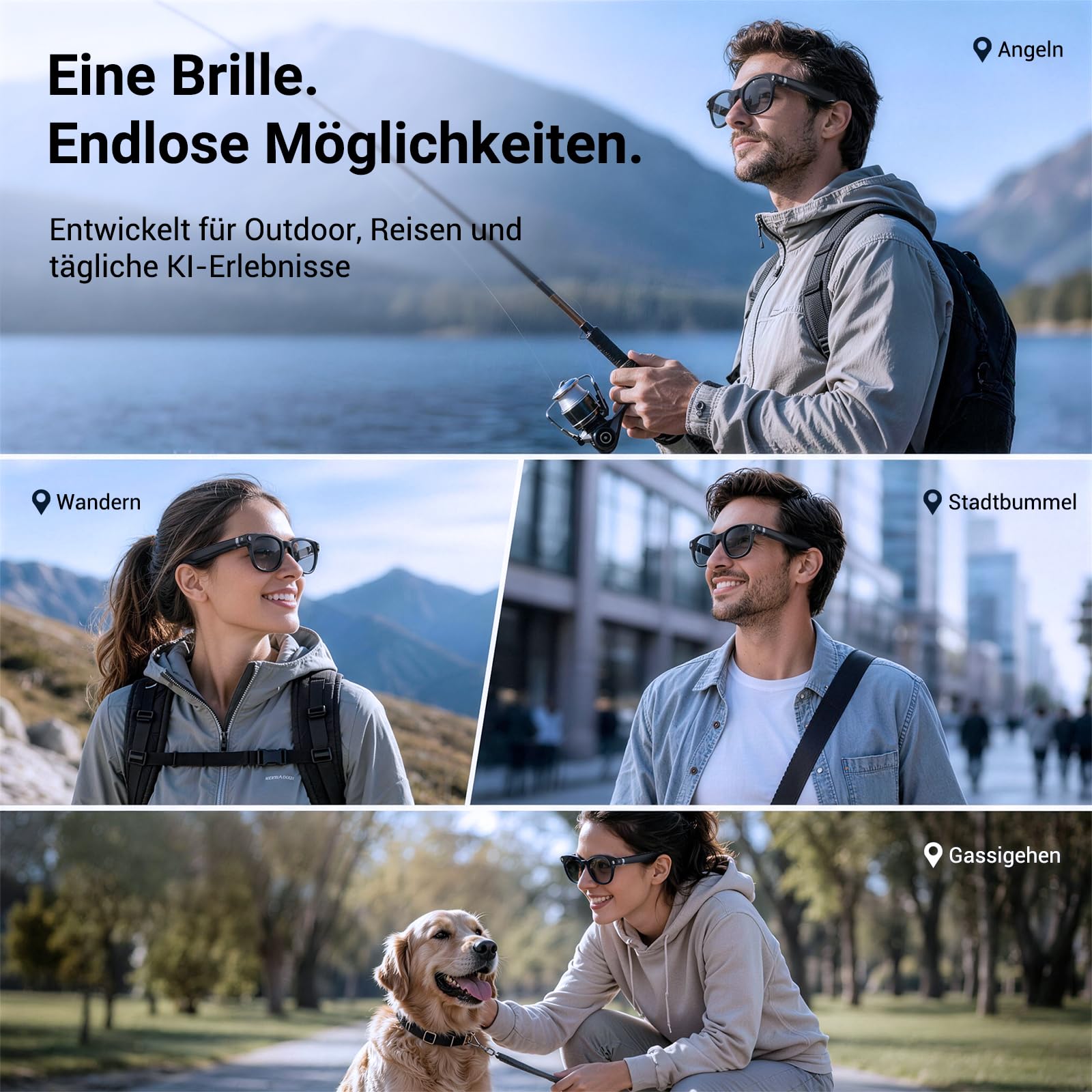 KI Brille mit Kamera, 8MP Kamera, 1080P HD Videoaufnahme mit EIS, Open-Ear Audio, ChatGPT KI, Echtzeitübersetzung, Objekterkennung, selbsttönende Brillengläser mit Blaulicht- und UV-Schutz
