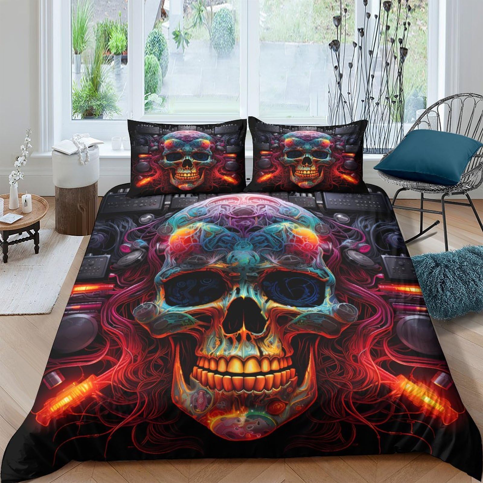 Ctjqhvkz Style-8 3D Printed Neon Skull Fitted Sheet Microfiber Breathable Gothic Flame Mattress Cover For Bedroom Dorm Decoration Single（135X200cm）