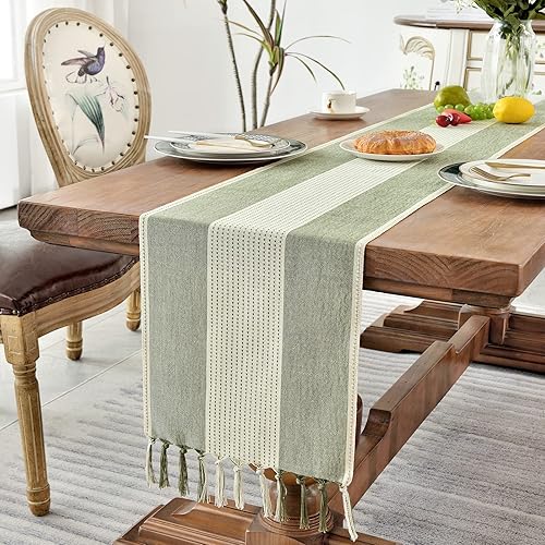 Miniatura 5 de Camino de mesa de lino Wracra, caminos de mesa de macramé de estilo granja Wracra de 60 pulgadas de largo para decoración de mesa de comedor, boda,