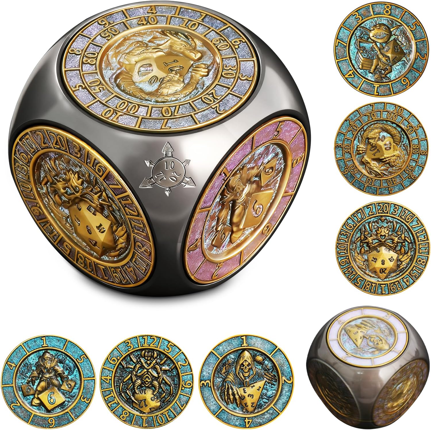 DND Spinner Metal Dice Fidget, Rotating Dice Set for Role Playing Gaming with Box, Polyhedral Dice with 3D Relief Design, for Dungeons and Dragons and Tabletop Games(Gradient Blue Black Nickel)