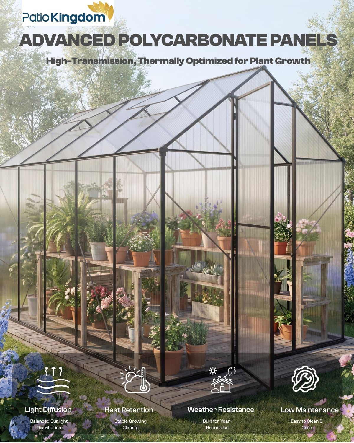 8x12 FT Greenhouse, Outdoor Greenhouse with Aluminum Frame, Polycarbonate Greenhouse for Outdoors with Roof Vent, Walk in Greenhouse for Outside Garden Backyard, Patio, Lawn (Black)