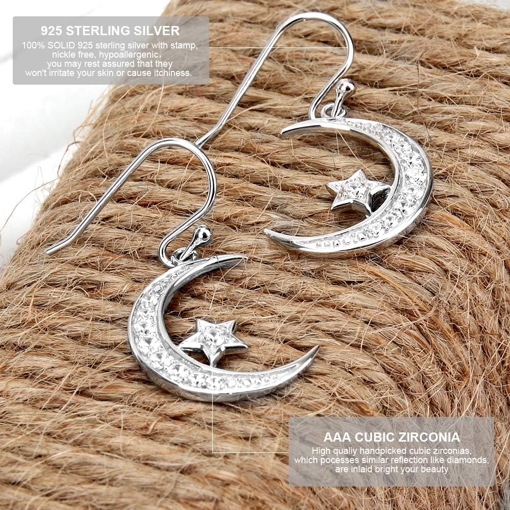 Sterling Silver Round Cubic Zirconia Crescent Moon & Star Dangle Earrings Star Jewelry for Women Mom - Image 4