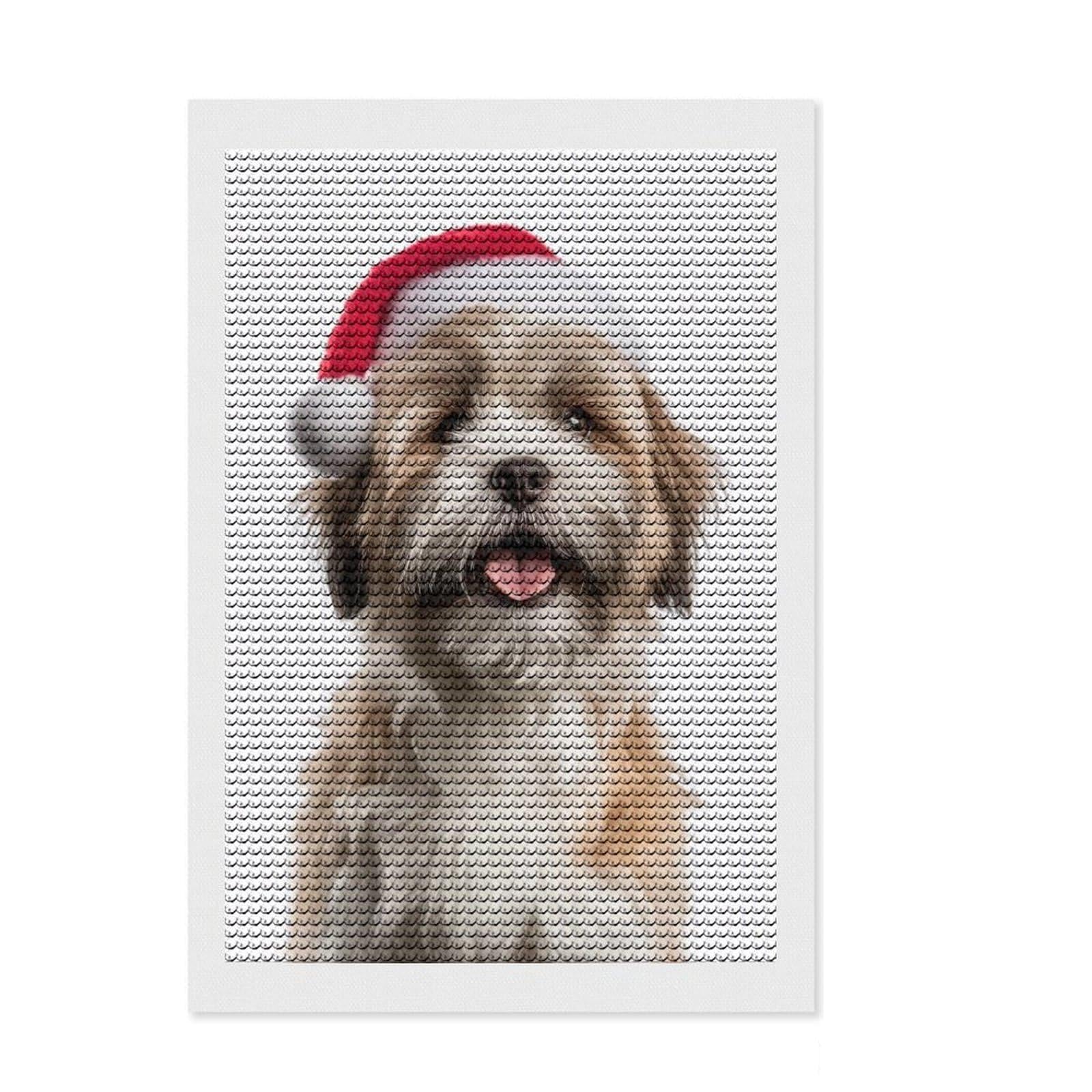 Junmoney Cute Lhasa Apso Dog Wearing Santa Hat Diamond Art Canvas 8"x12", for Adults, Enjoyable At-Home Hobby, Bedroom Decor, Festive Craft Gift, Easy to Enjoy