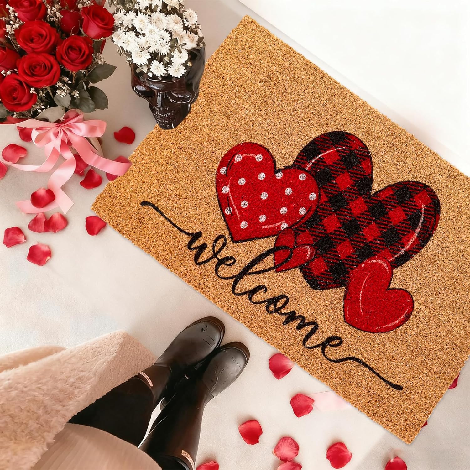 Whaline Valentine' s Day Doormat Natural Coir Welcome Floor Mat Plaid Dot Love Heart Rectangle Entrance Door Rug for Indoor Outdoor Home Bathroom Decor, 16.5 x 29 Inch