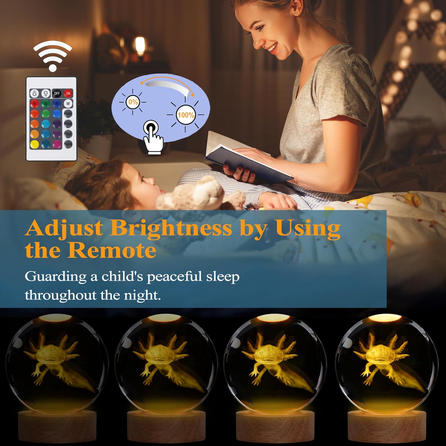 Axolotl Night Light with Upgraded 3.15 Inch 3D K9 Crystal Ball, Axolotl Lamp with Remote 16 Color Gifting Box for Birthday Xmas Cool Axolotl Figurines Gifts for Room Decor Boys Girls - Image 5