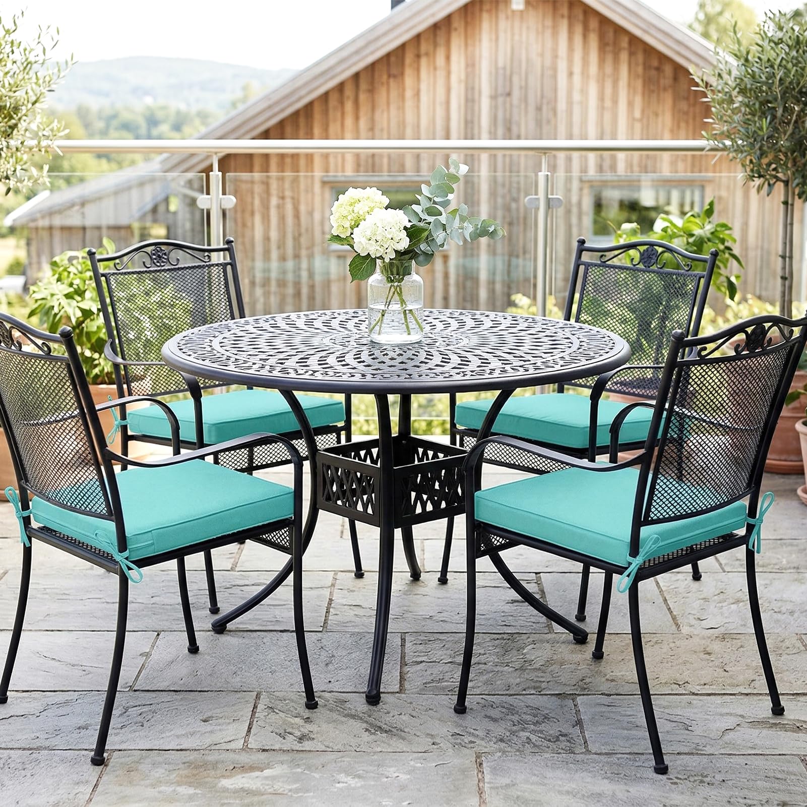 Set di 2 cuscini impermeabili per sedie da esterni, in schiuma ad alta densità, per patio, con laccetti quadrati, grigio chiaro, 48 x 48 x 7 cm, tavolo e