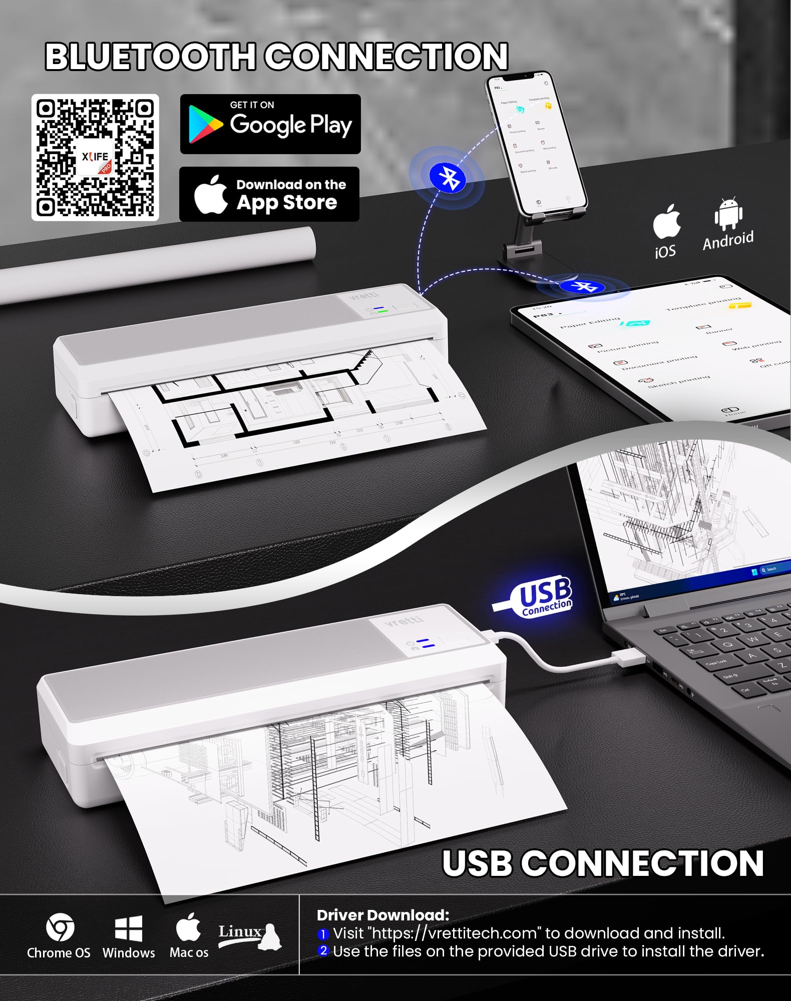 vretti P83 Impresora móvil A4 para Viajes, Impresora térmica A4 Compatible con Android e iOS, Compatible con Papel térmico A4 de 210 x 297 mm para el hogar, Oficina, Foto