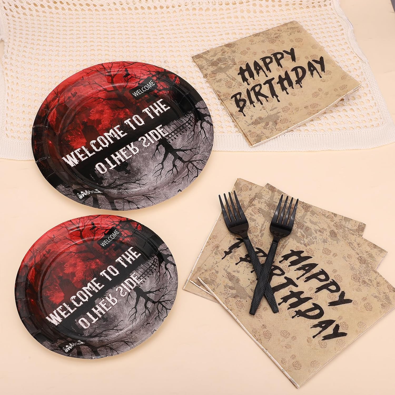 SAVITA 96pcs Welcome to the Party Supplies, Spooky Theme Party Decorations with Dinner Plates Dessert Plates Napkins & Forks for 24 Guests Birthday Decoration Supplies