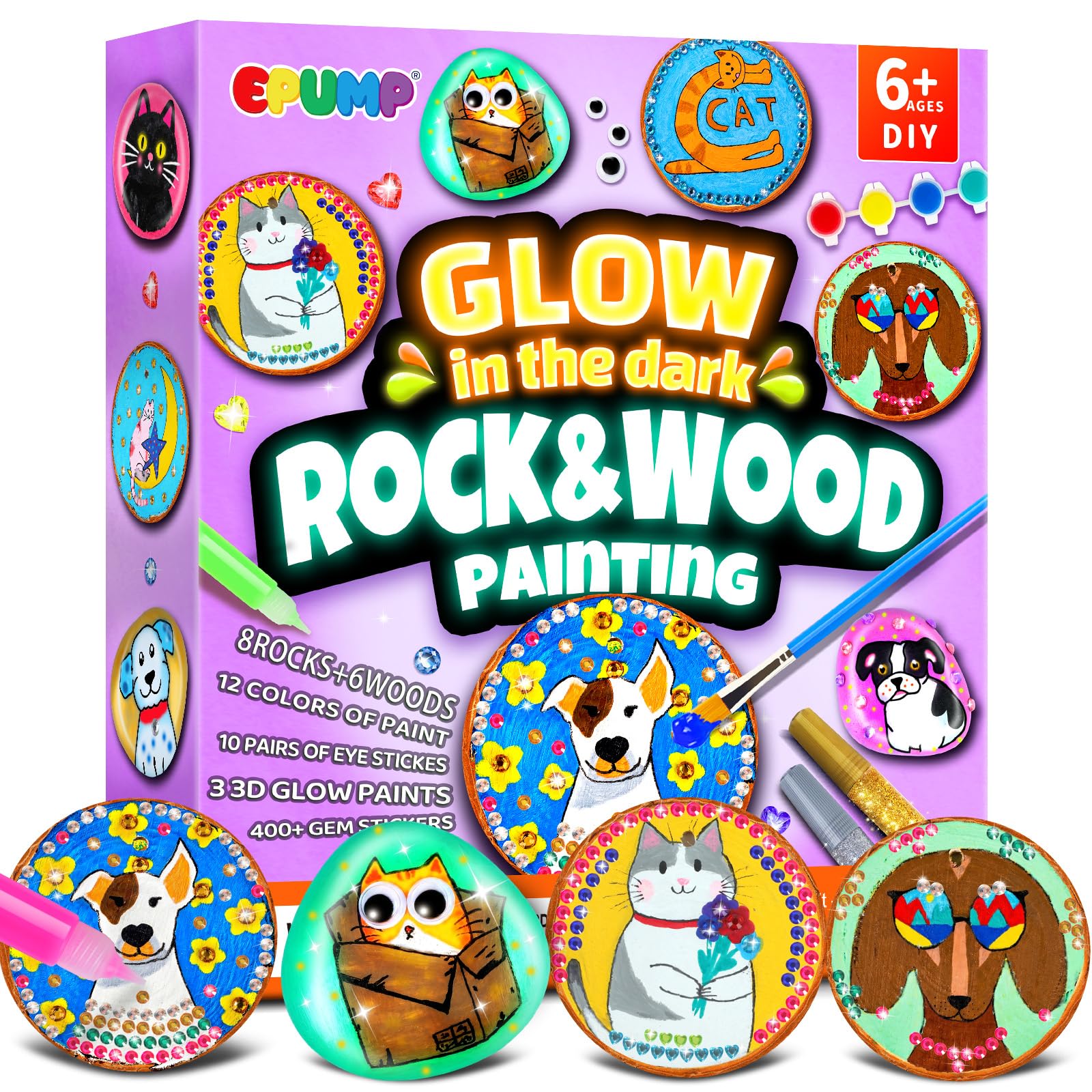 EPUMP Rock Painting Kit for Kids, Wood Slice Painting Kit, Glow in the Dark Arts and Crafts Set with Paints, Gem Stickers, Funny Eyes and Rope, Christmas Birthday Creative Gift Ages 6+