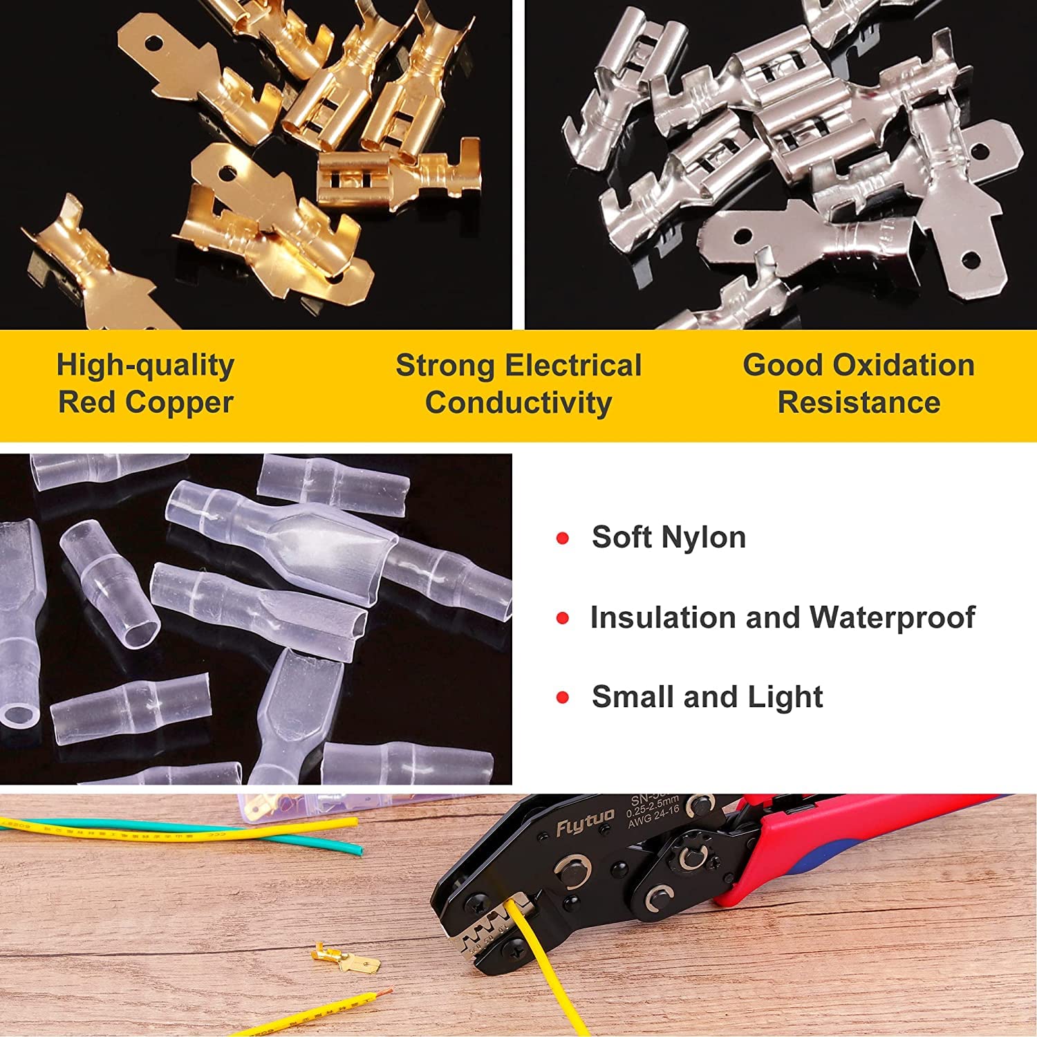 Kabelschuh-Crimper-Set, Flytuo Selbstverstellende automatische Ratschen-Kabelschuh-Zange AWG 24-16 (0,25-2,5 mm²) mit 720PCS männlichen und weiblichen Flachsteckern und isolierten Hülsen