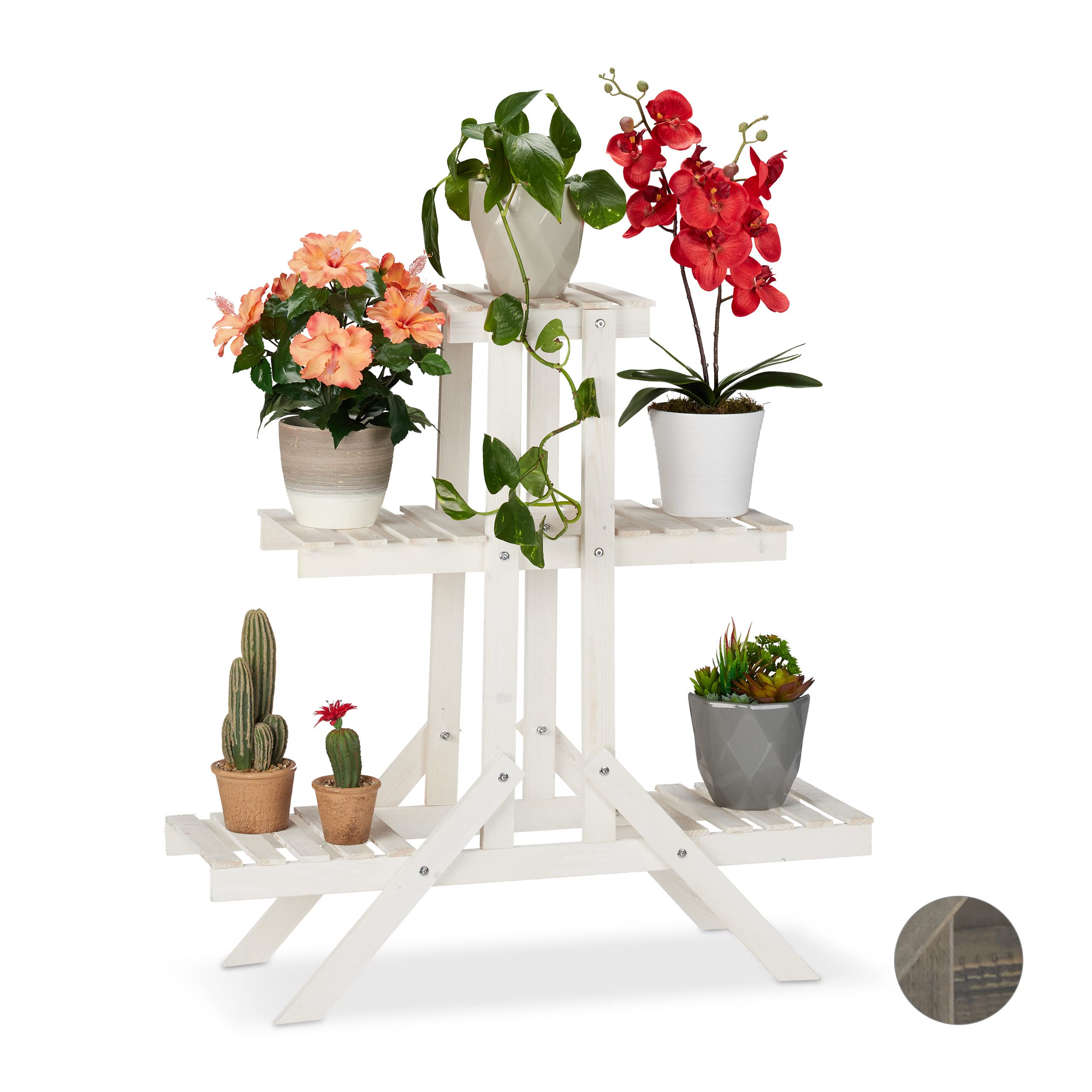 Relaxdays Soporte Plantas 3 Niveles, Madera, Blanco, 83 x 83 x 25 cm