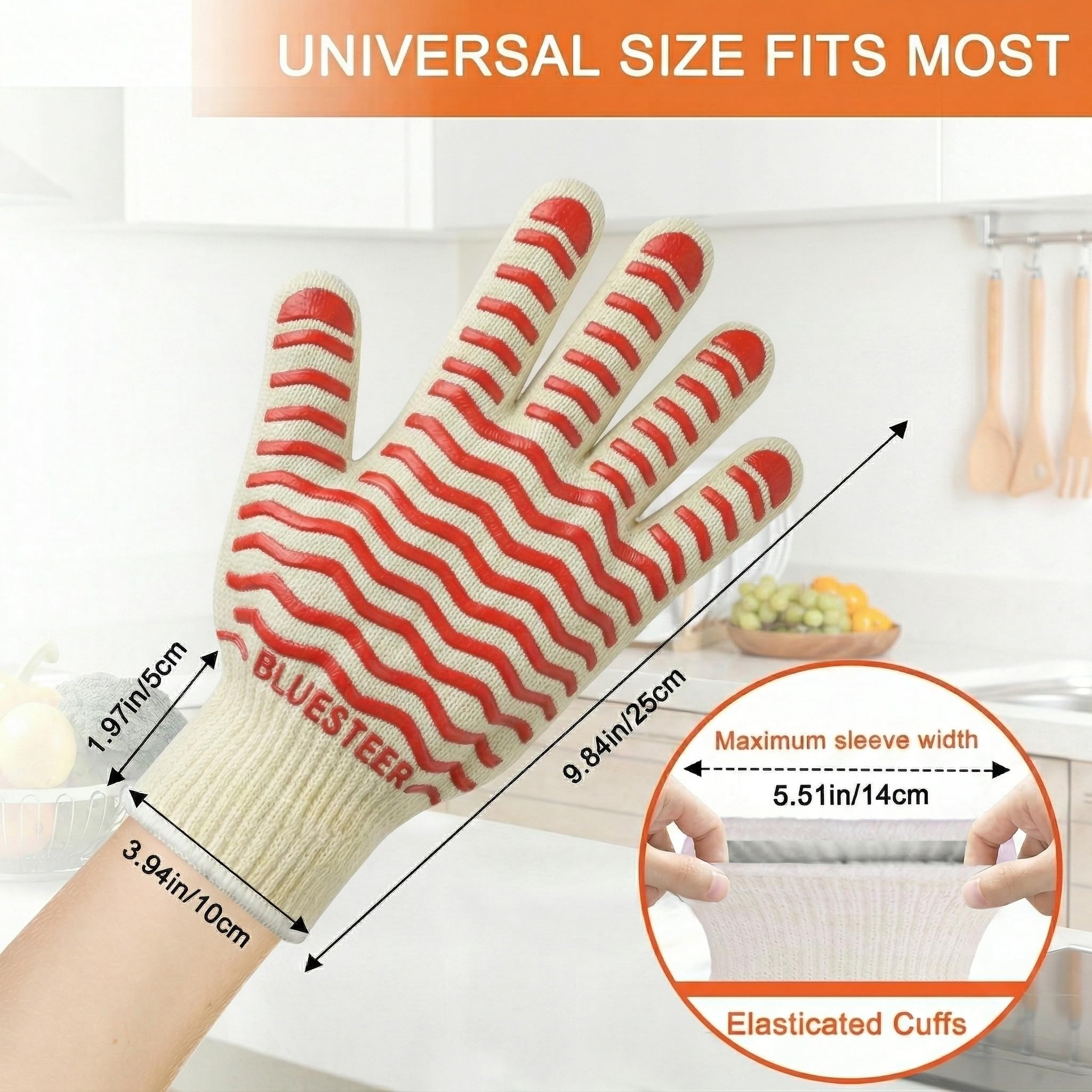 Guanti da forno, resistenti al calore fino a 500 °C, guanti da forno con dita, guanti da grill resistenti al calore per uomini e donne, guanti da barbecue con impugnatura in silicone, guanti ignifughi