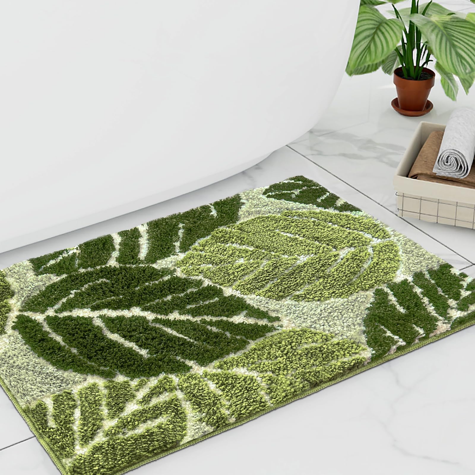 Panstar Large Monstera Leaf Bath Mat, Non Slip Green Plant