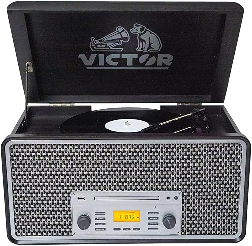Victor VWRP-5000 Monument - Tocadiscos Bluetooth 8 en 1 con reproductor de discos de vinilo de 3 velocidades, cassette, reproductor de CD, radio