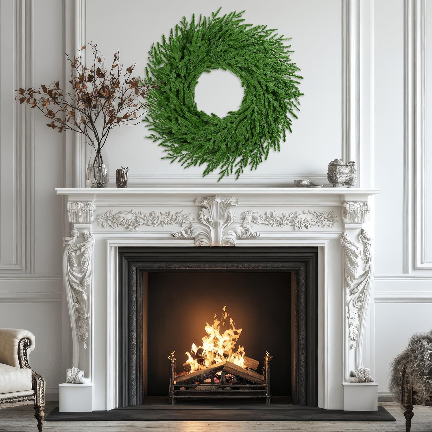 24 Inch Christmas Wreath for Front Door, Norfolk Pine Wreath for Home Porch Window Wall Farmhouse Decor Indoor Outdoor, Green Wreath Front Door Wreath