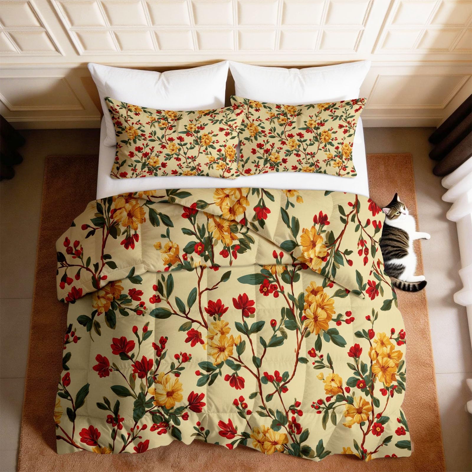 Edredón antialérgico y transpirable beige de diseño floral vintage con fundas de almohada