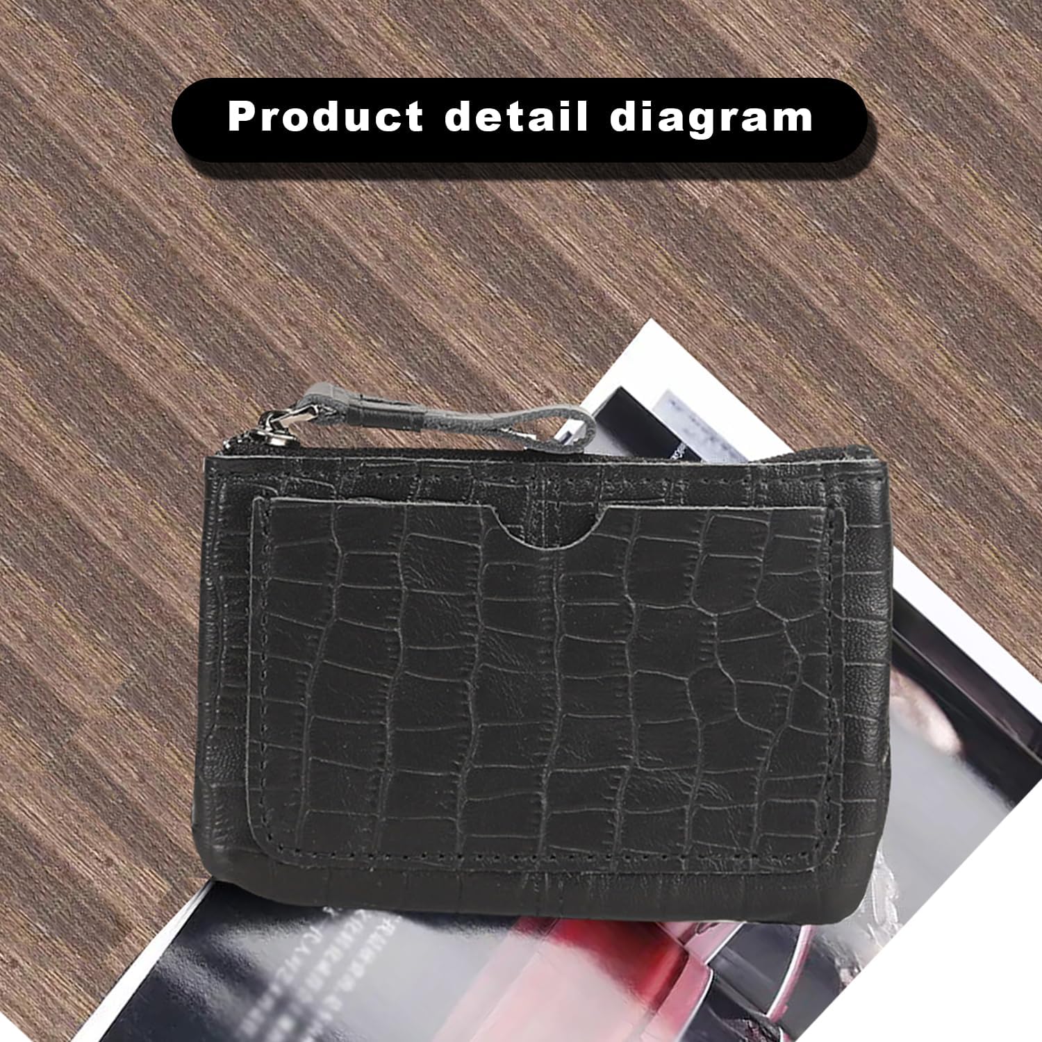 Mini Genuine Leather Coin Purse Keychain Pouch Zipper Wallet Small Money Bag for Men Women (Black)