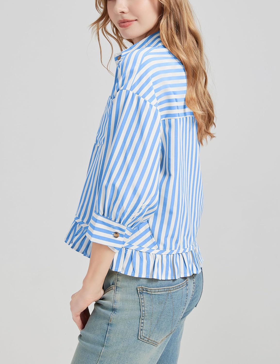 Womens Casual Oversized Striped Button Down Shirt 3/4 Sleeve Cropped Peplum Ruffled Hem Babydoll Blouse Tops - Image 4