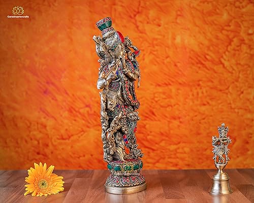Miniatura 4 de Estatua de Lord Krishna de 15 pulgadas de latón turquesa N coral piedra preciosa decorativa Krishna Moorti tocando flauta hindú Dios del amor