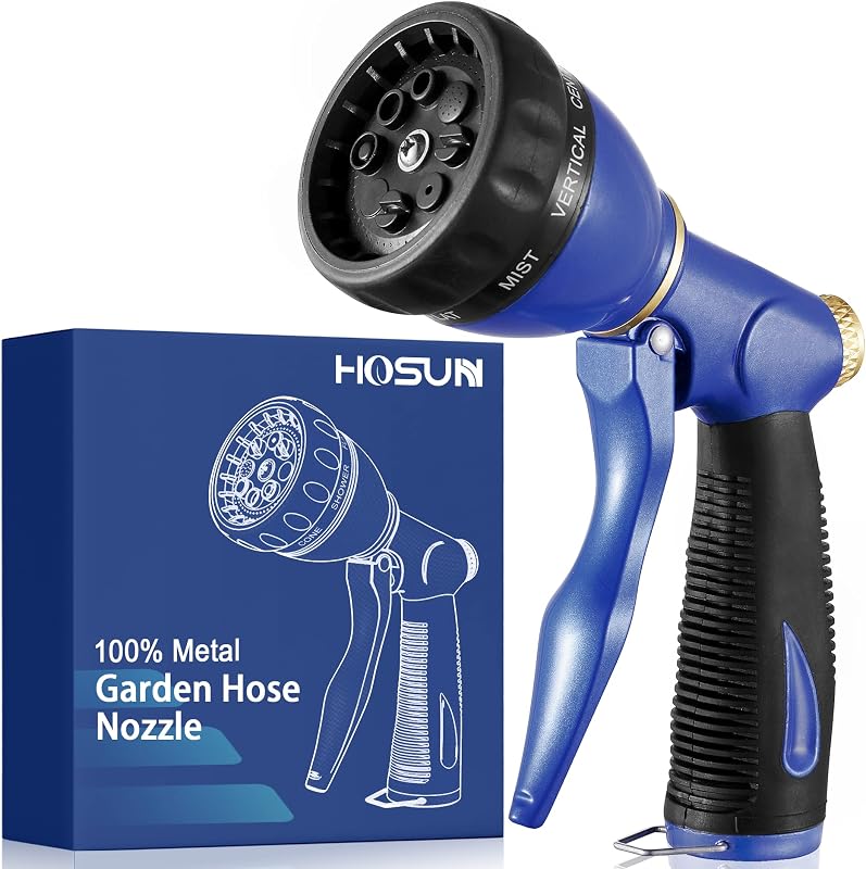 HOSUN Garden Hose Sprayer Nozzle 100% Heavy Duty Metal, Water Hose Nozzle with 8 Different Spray Patterns, High Pressure Hose Spray Nozzle for Watering Plant & Lawn, Washing Car & Pet Blue
