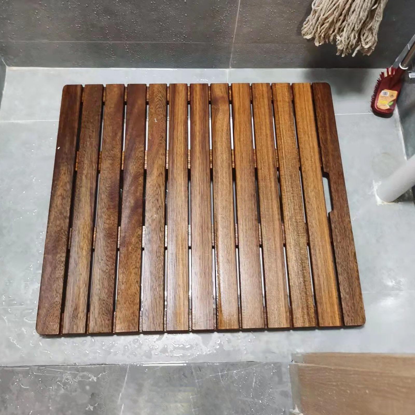 Badematte aus Teakholz, rutschfeste Badezimmer-Spa-Duschmatte, rechteckige Moderne Sauna-Lamellen-Fußmatte mit Rutschfester Gummirückseite, 40/50/60/70/80/90 cm breit (Größe: 40 x 40 cm (15,