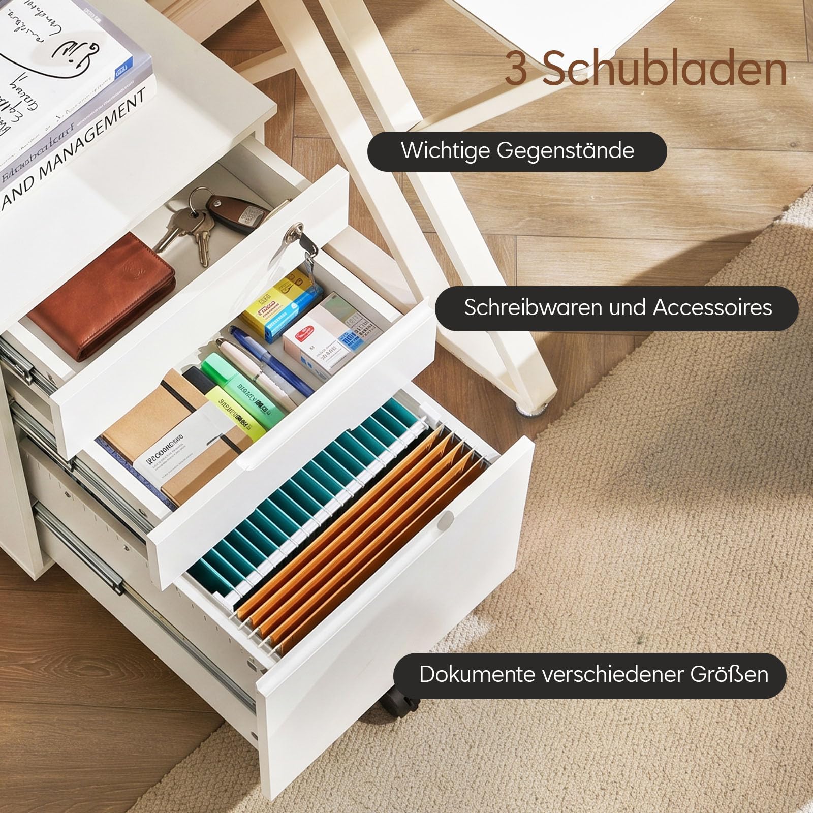 TUKAILAI Rollcontainer abschließbar, Weiß, 40cm | 3 Schubladen, Mobiler Aktenschrank Holz, Auf Rollen und Haken, Für Akten Dokumente, Unterschrank Schreibtisch