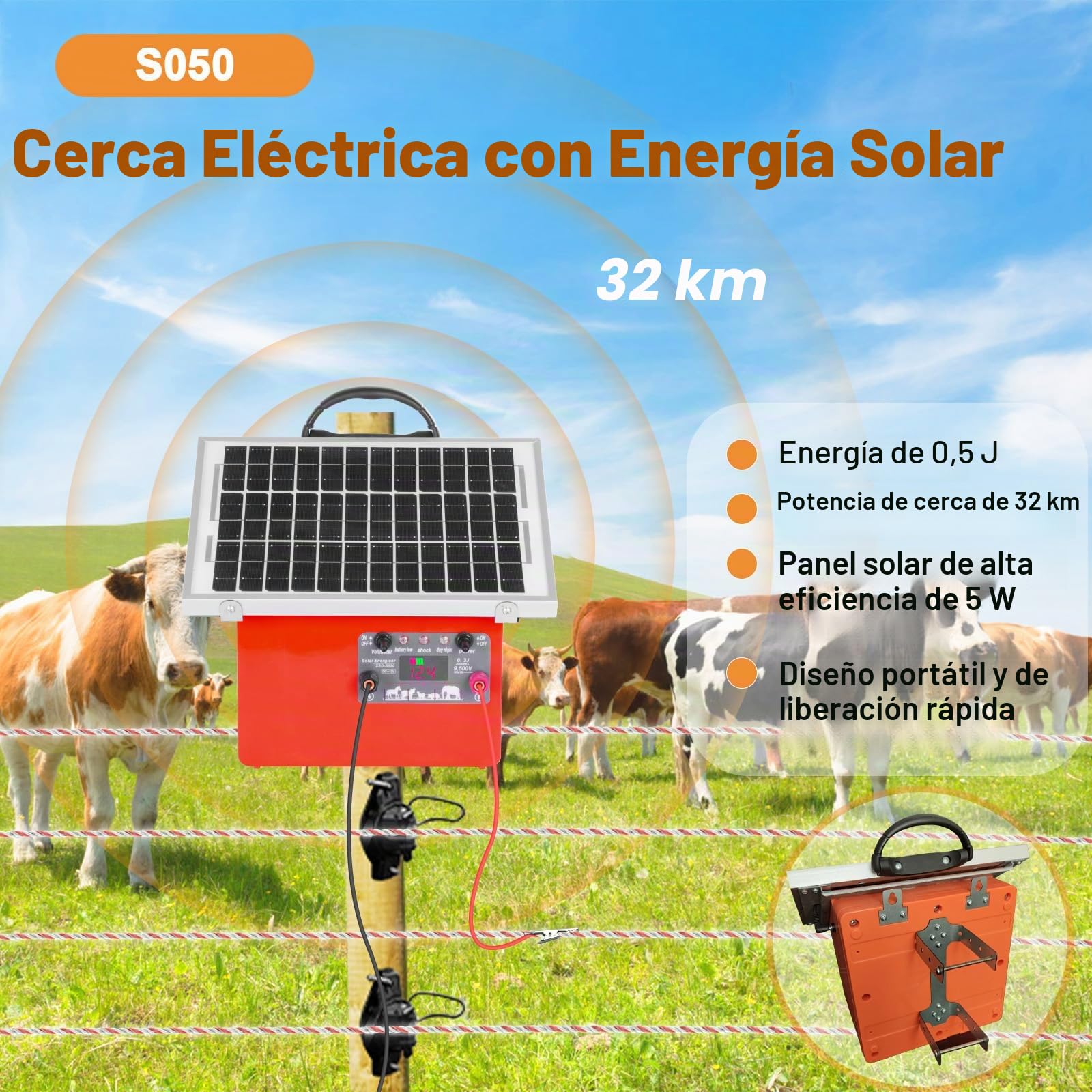 32KM - 12V Solar Pastor Electrico, 0.5J 9.5 KV, Recinto eléctrico | con panel solar de 7.5 W,pastor eléctrico con batería de 7 Ah, para vacas, ganado, cría de aves de corral, pastor