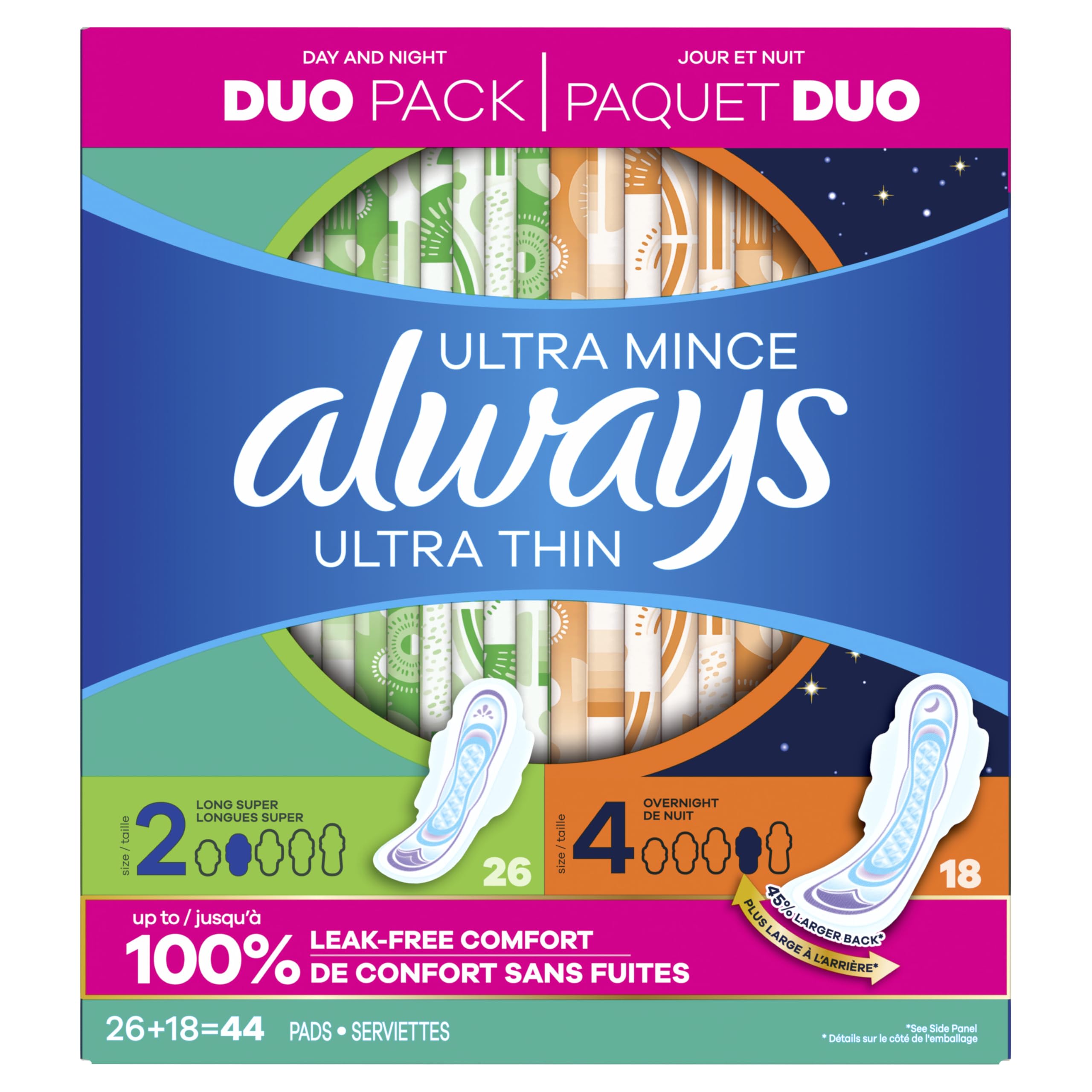 Always Ultra Thin Pads Duo Pack, Feminine Pads with Wings for Women, Size 2 Long Super and 4 Overnight Absorbency, Unscented, Up to 100% Leak-Free Protection, 44 CT