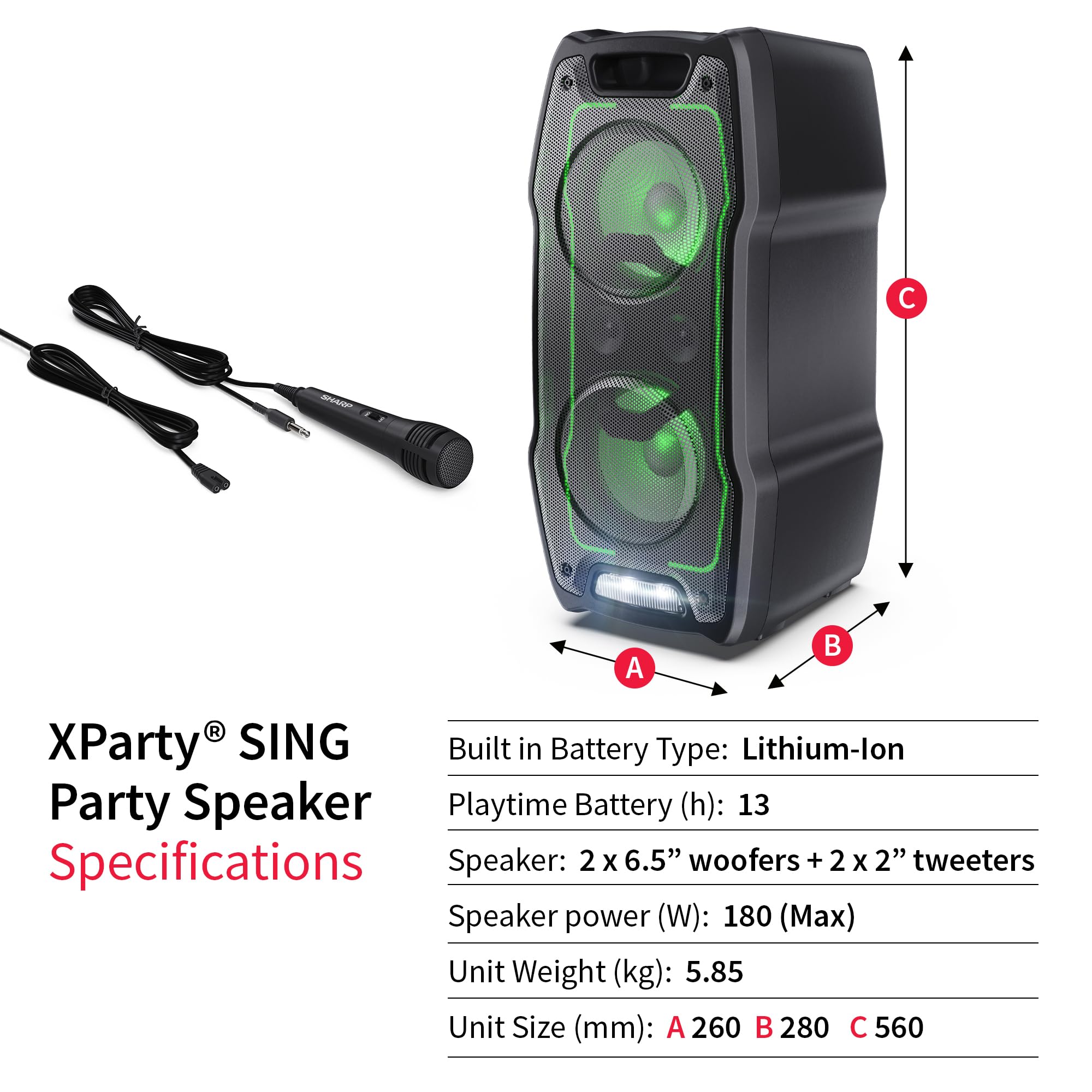 Sharp PS-931 Party Speaker, microfono, TWS, Bluetooth, 2xUSB, 2 porte da 6,3 mm per microfono e chitarra, luci multicolori, 180W P.maxima, batteria litio integrata con fino a 13 ore di riproduzione