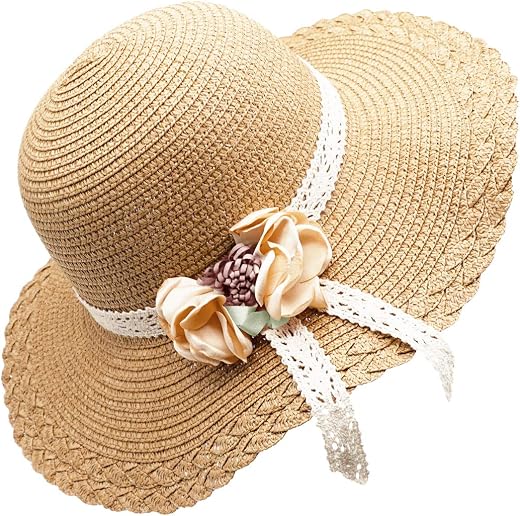 Bienvenu Kids Girls Summer Straw Hat Flower Beach Sun Protection Hats,Flower style_Khaki