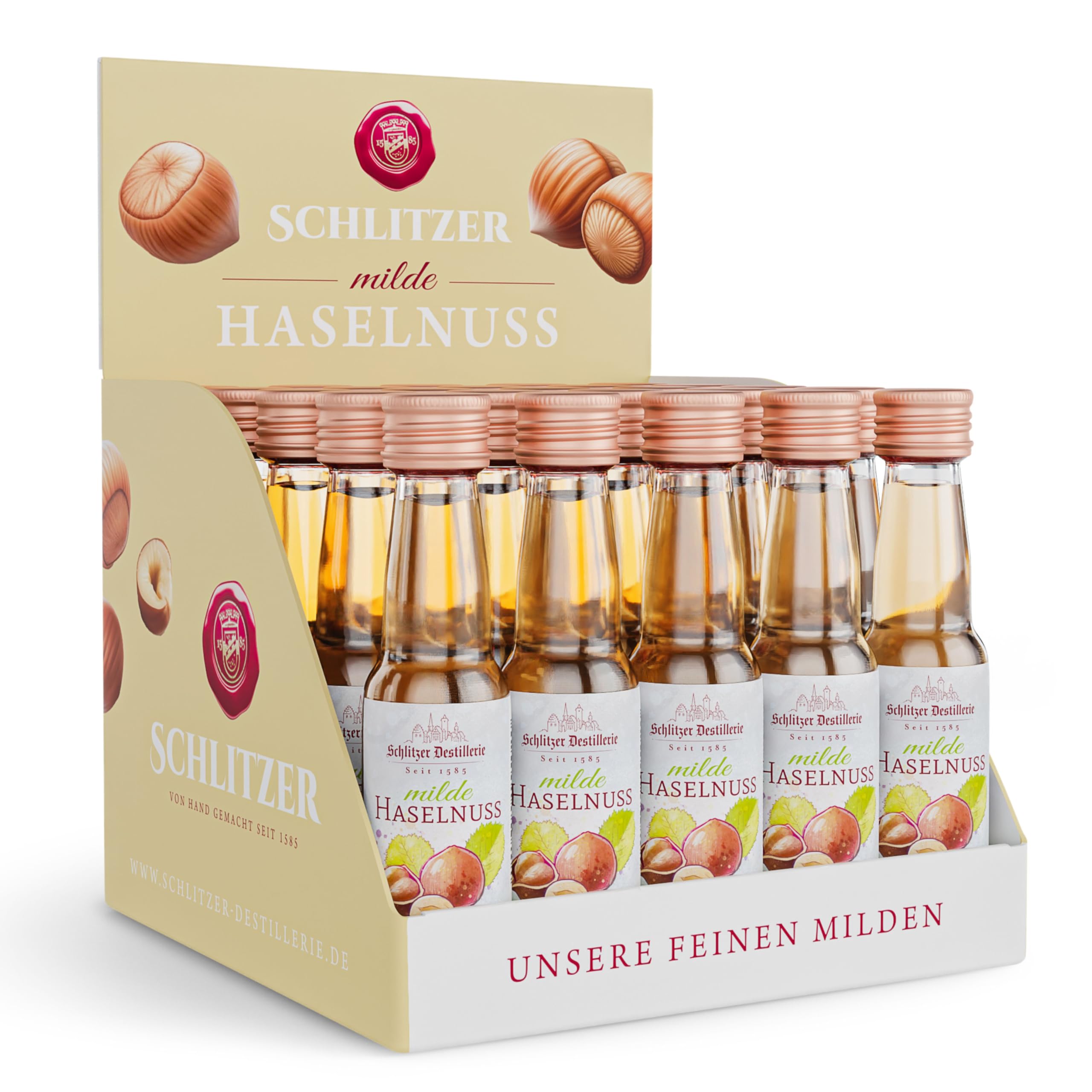 Schlitzer Milde Haselnuss-Schnaps Minis 35% Vol. – 25x0,02L – Premium Haselnuss-Destillat mit feinen Kakao-Noten – Authentischer & milder Genuss – Praktische Mini-Flaschen für Party, Feier & Geschenk