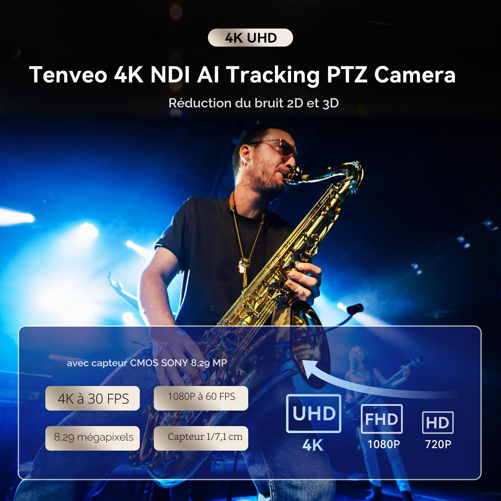 Tenveo Caméra PTZ 4K NDI, Suivi Automatique IA, Zoom Optique 20X, Sorties 3G-SDI USB3.0 HDMI LAN PoE