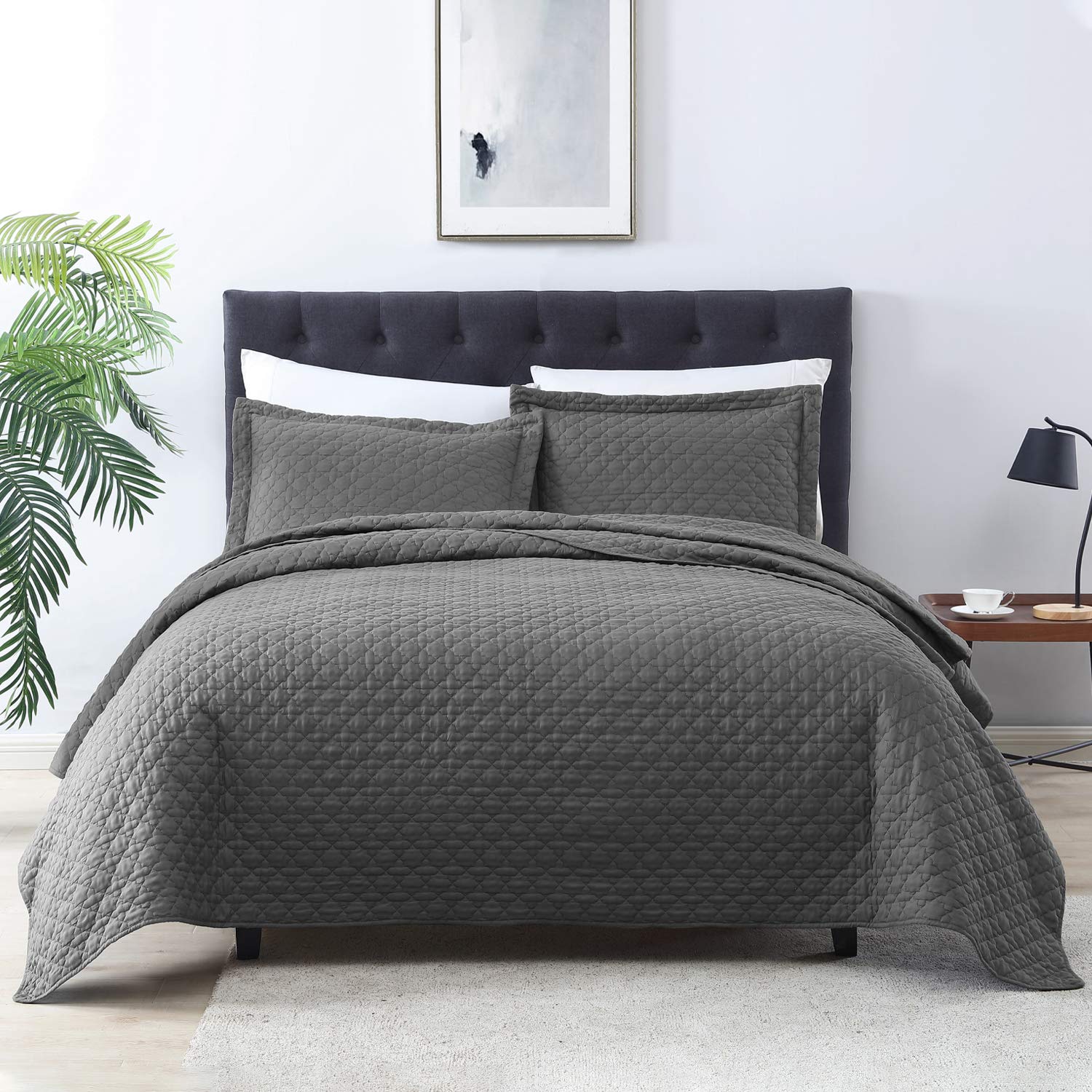 EXQ Home Quilt Set King Size Grey 3 Piece,Lightweight Microfiber Coverlet Modern Style Star Flower Pattern Bedspread Set