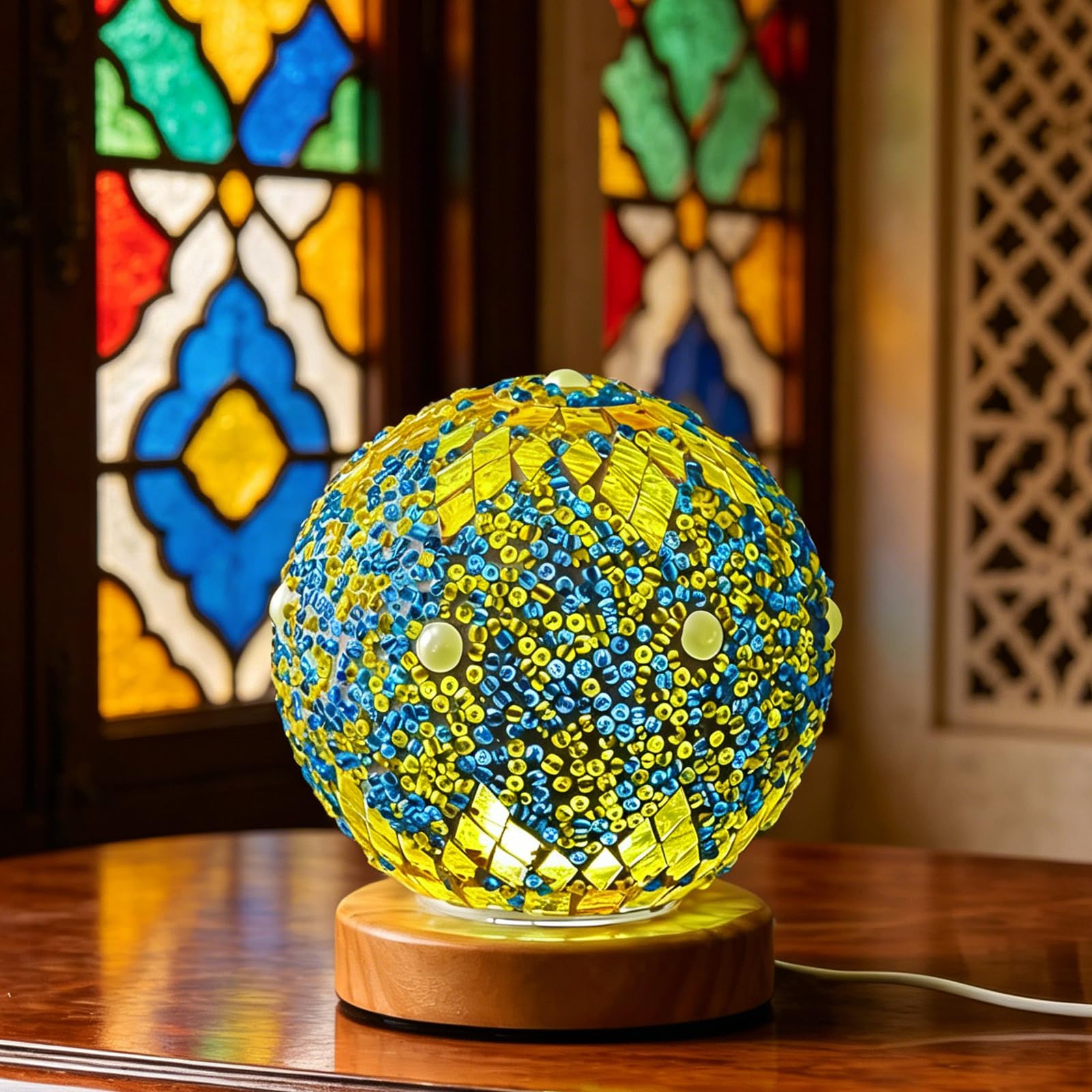 shulovehua Morocco Mosaic Table Lamp Stained Glass Lamps with Wooden Base Turkish Sphere Decor Night Lights for Moroccan Style Meditation Room Office Desk Living Room Decoration(Maroc - Green, Maroc)