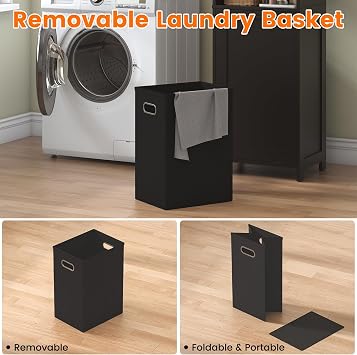 Bathroom Storage Cabinet with 3 Open Shelves, Slim Bathroom Storage Unit with Removable Laundry Basket, Freestanding Bathroom Floor Cabinets, Adjustable Shelves, Modern Farmhouse, Black