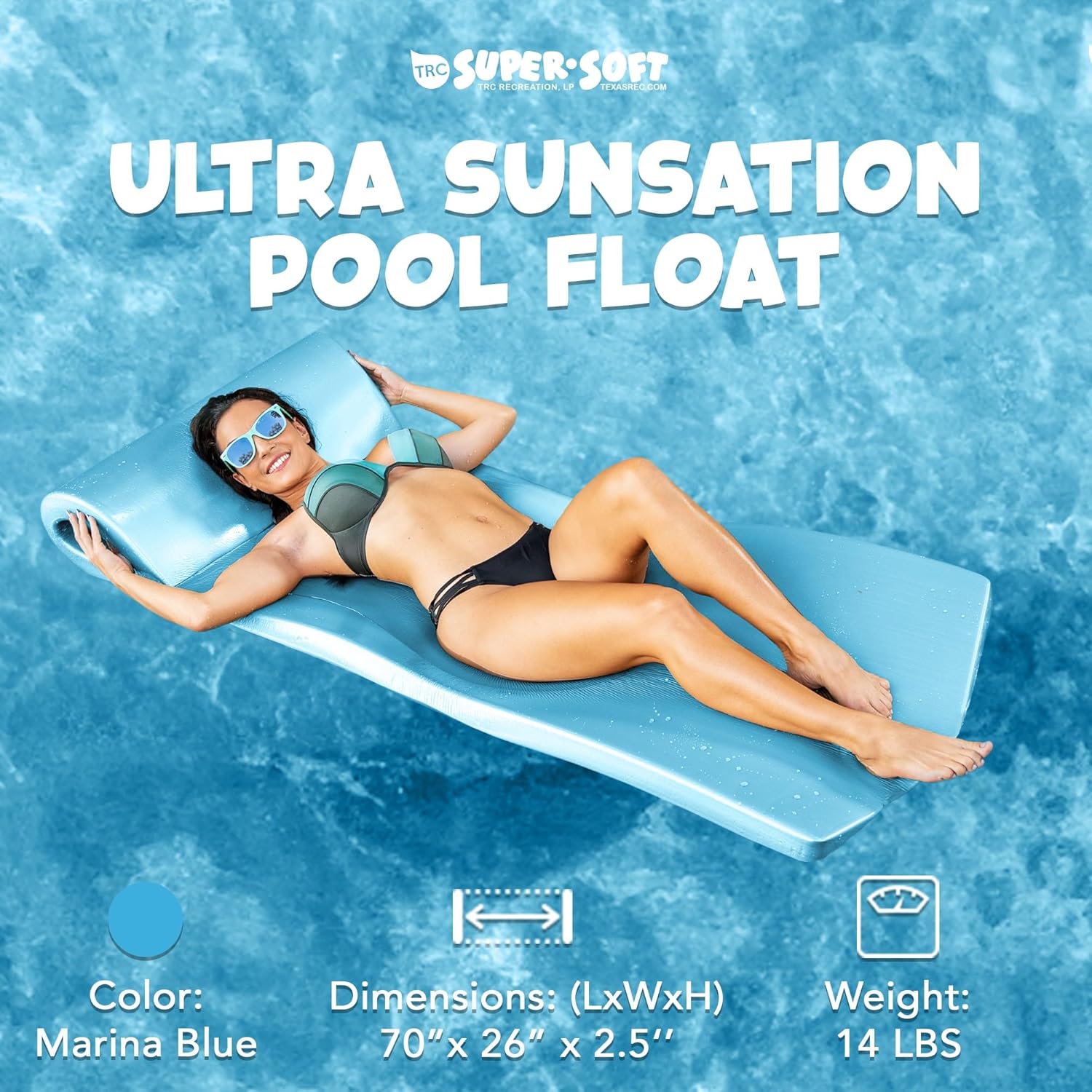 TRC Recreation Ultra Sunsation 2.5” Thick Vinyl Coated Foam Swimming Pool Float Mat Adult Lounger with Built-in Roll Pillow,