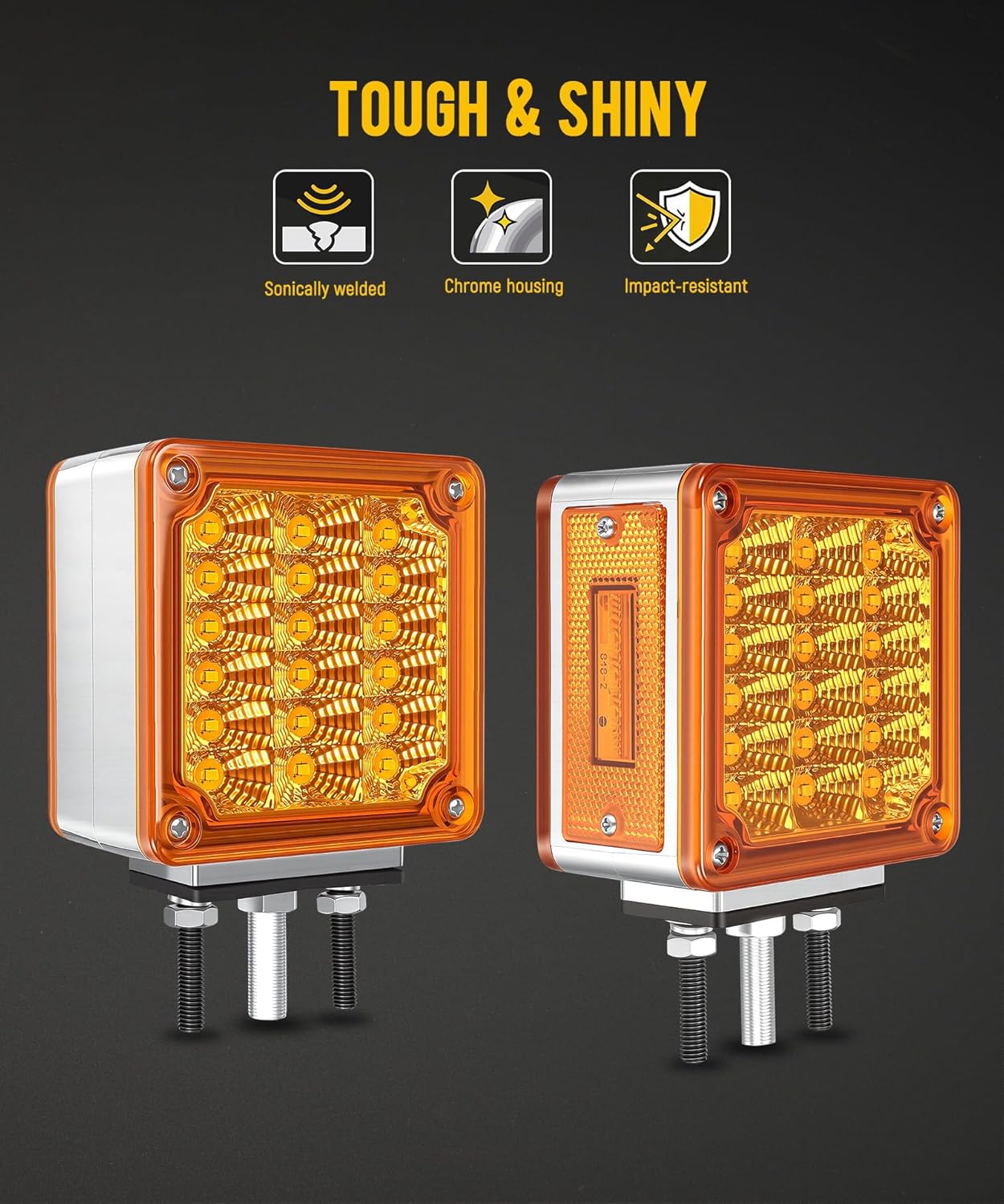 Partsam LED Pedestal Lights Amber/Amber Double Face 39 LED Turn Signal Lights Stud Mount Fender Lights Side Marker Lights for Heavy Truck Trailer Freightliner Peterbilt Mack Western Star